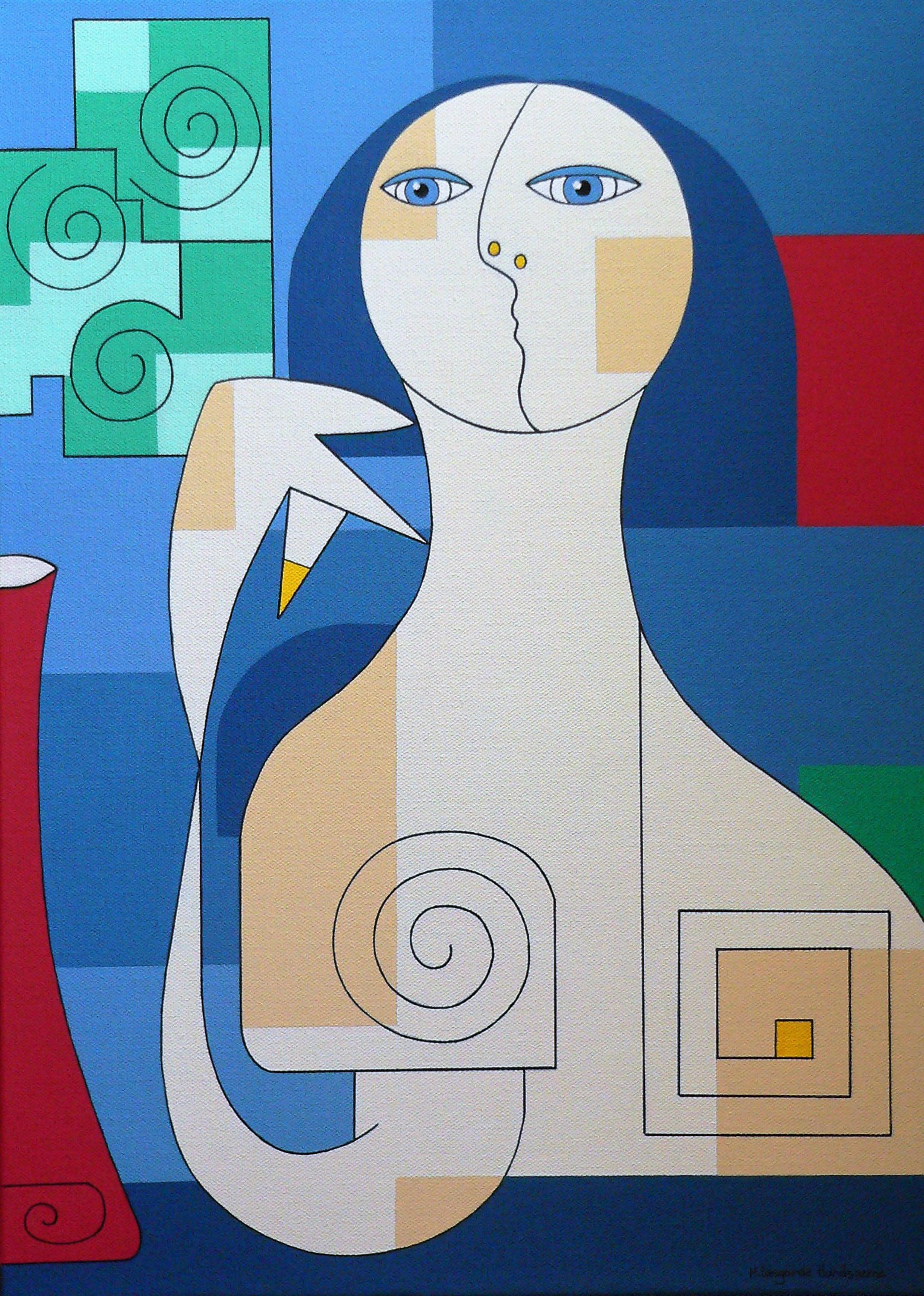 'Fiori Verdi in Vaso Rosso' by Hildegarde Handsaeme - a beautiful abstract portrait of a woman sitting next to a vase with flowers. Geometric elements, still life composition, circular shapes, and lines create a structured and balanced design. With