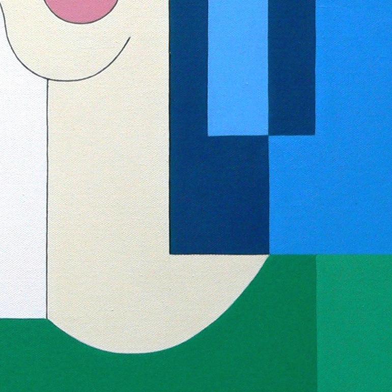 Flying Lovers, Contemporary Abstract Geometric Painting Portrait Green Blue Red - Gray Portrait Painting by Hildegarde Handsaeme