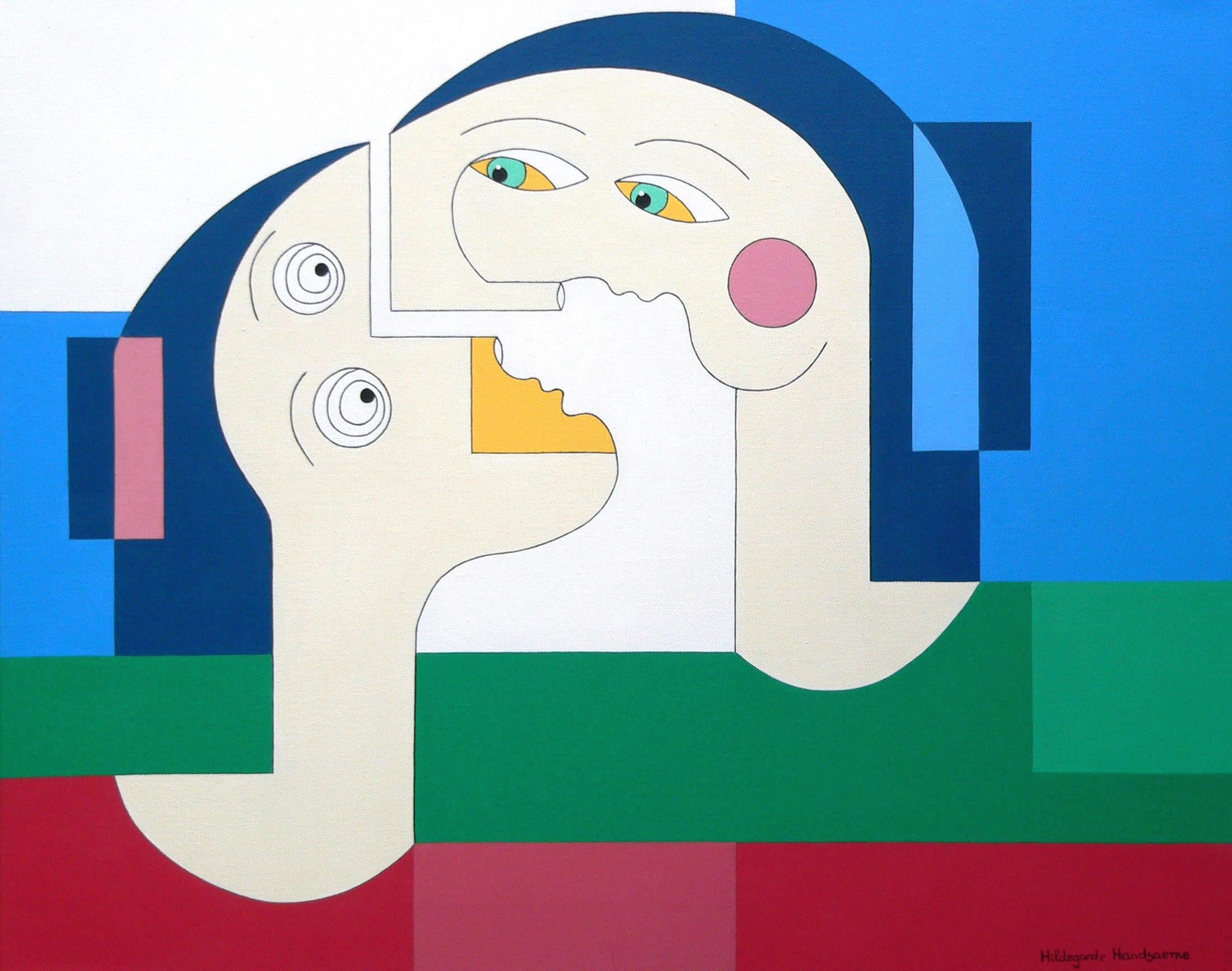 Hildegarde Handsaeme Portrait Painting - Flying Lovers, Contemporary Abstract Geometric Painting Portrait Green Blue Red