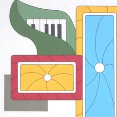 Happy Flowers, Modern Abstract Geometric Painting Still Life Blue Yellow Flowers