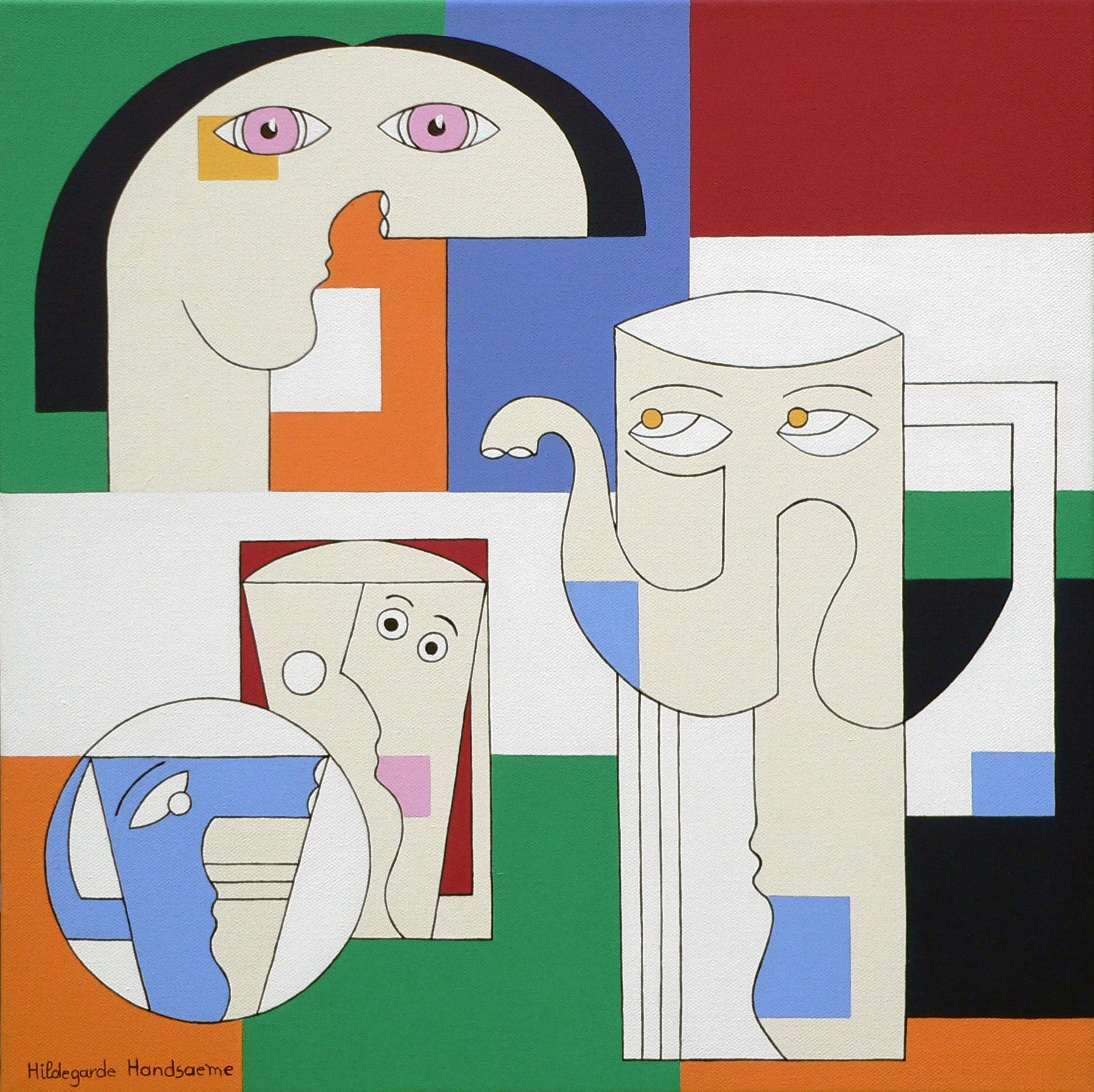 Hildegarde Handsaeme Abstract Painting - Illy, Still Life Modern Abstract Geometric Painting Canvas Green Red Blue Coffee