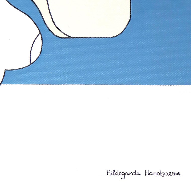 'Konexioa' is a wonderful contemporary abstract painting on canvas by emerging Belgian artist - Hildegarde Handsaeme. It is an acrylic figurative artwork showing a hugging, connected couple. With some similarities with cubism, artist's works always