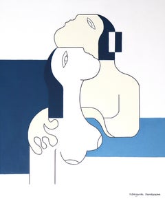 Konexioa, Contemporary Abstract Geometric Painting Cubism Portrait Blue Acrylic
