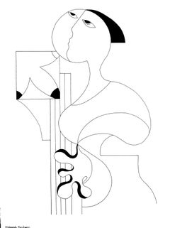 La Femme Musicale, Modern Minimalist Abstract Geometric Art Ink Drawing Portrait