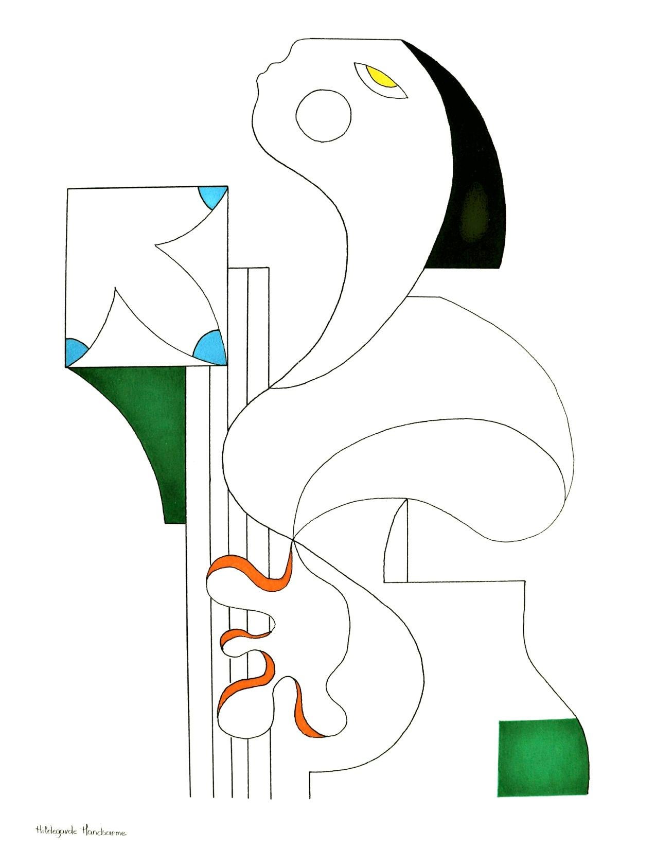 'L'Artiste Musicale' by Hildegarde Handsaeme is a minimalist ink portrait drawing with soft lines, cubism style, and vibrant accents. Wonderful abstract artwork, suitable for various interiors. 

It is an original unique art piece that is in