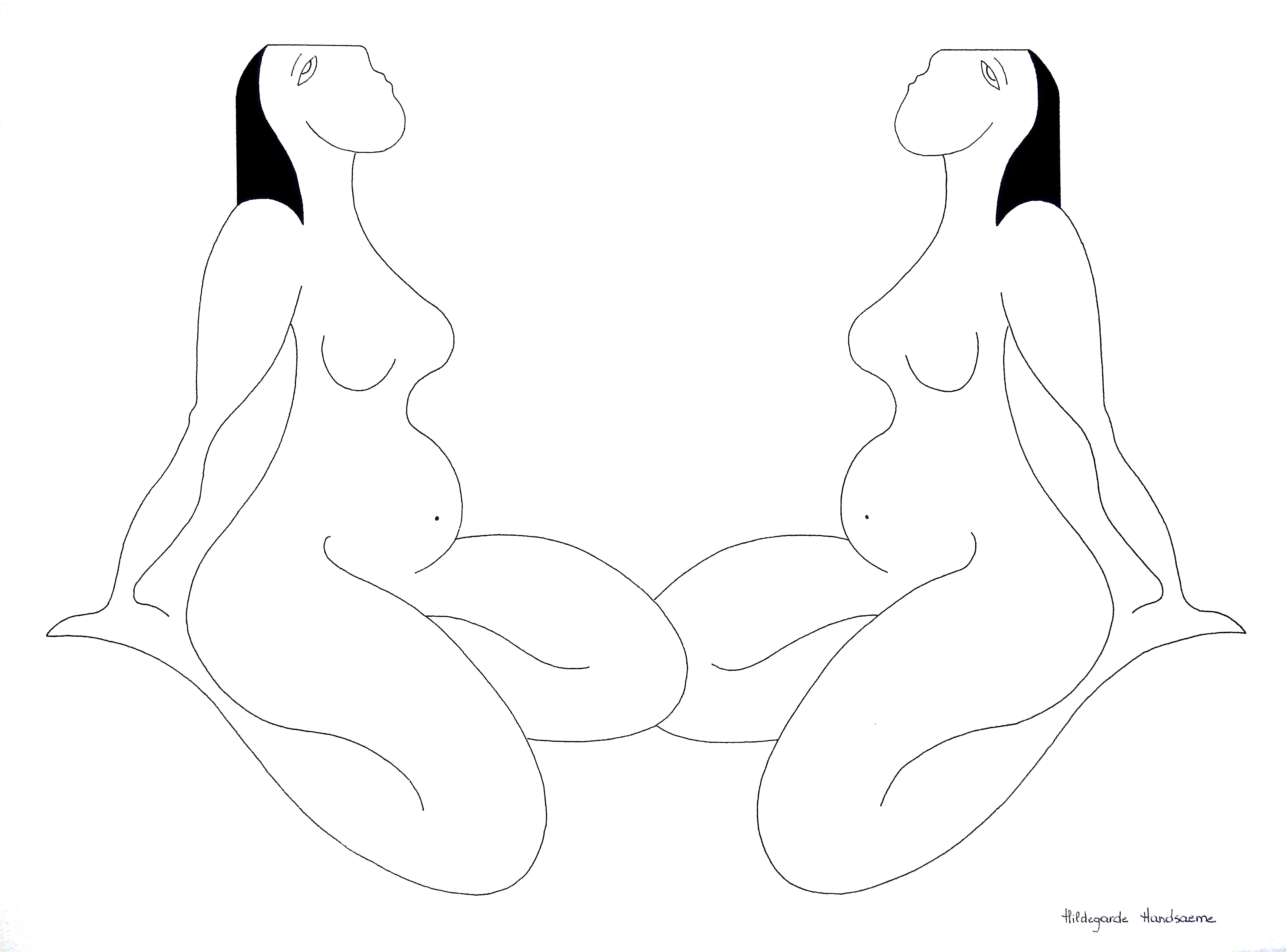 Hildegarde Handsaeme Abstract Drawing - Les Feminines, Modern Minimalist Abstract Geometric Art Ink Drawing Woman Black