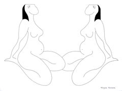 Les Feminines, Modern Minimalist Abstract Geometric Art Ink Drawing Woman Black