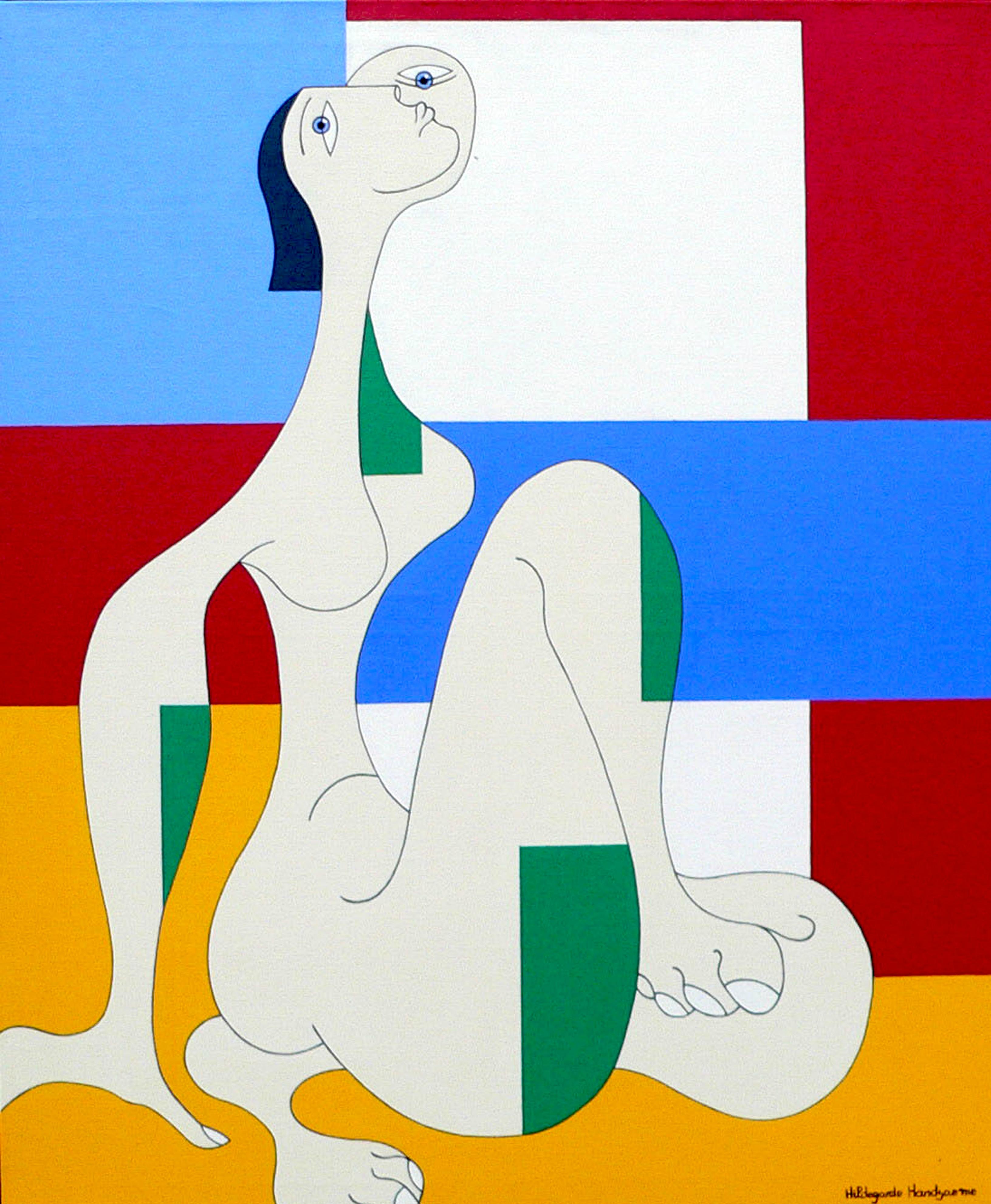 Hildegarde Handsaeme Abstract Painting - Message d'Espoir, Modern Abstract Geometric Painting Portrait Yellow Red Blue
