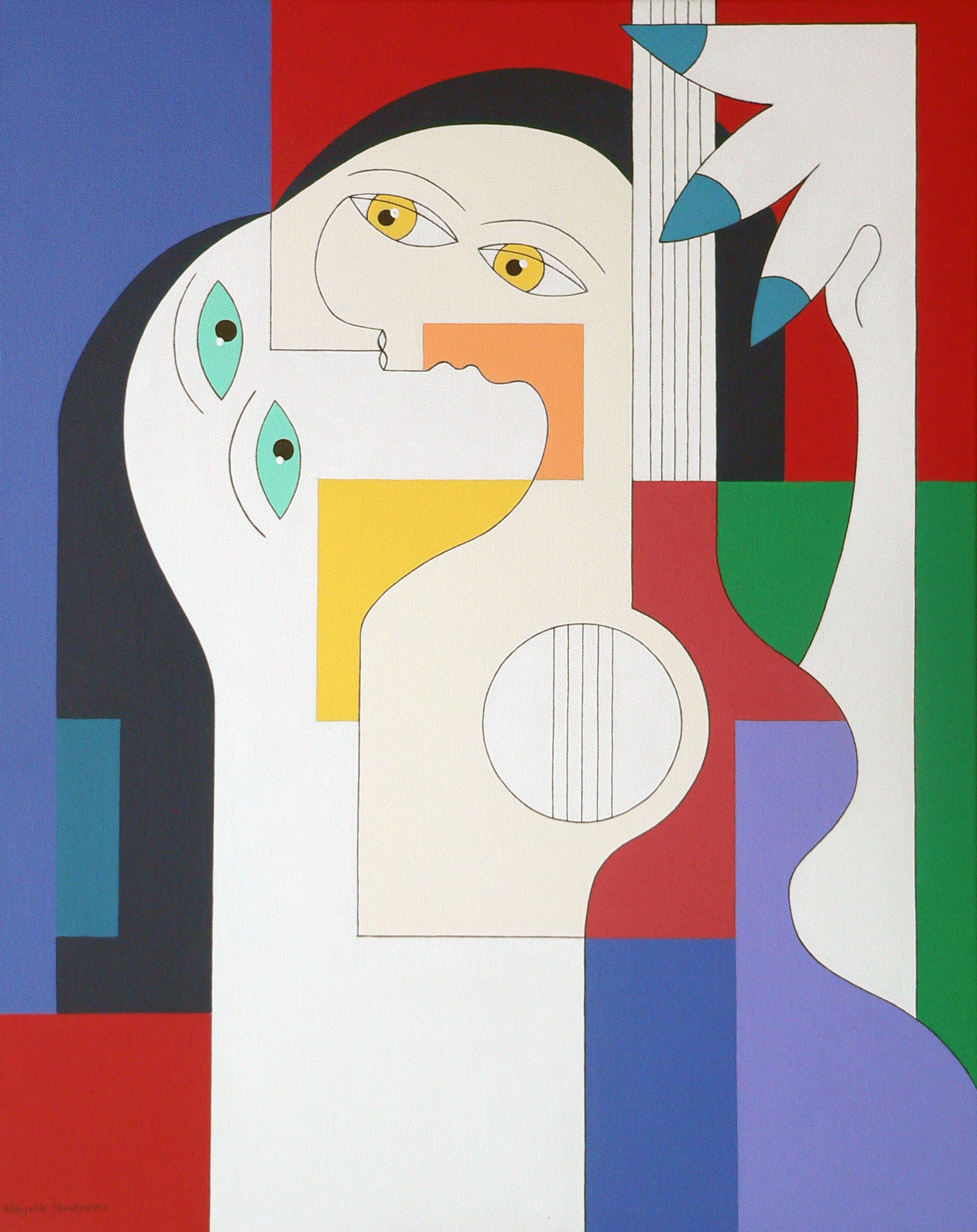 Hildegarde Handsaeme Abstract Painting - Musical Symbiosis, Modern Abstract Geometric Art Painting Portrait Blue Red