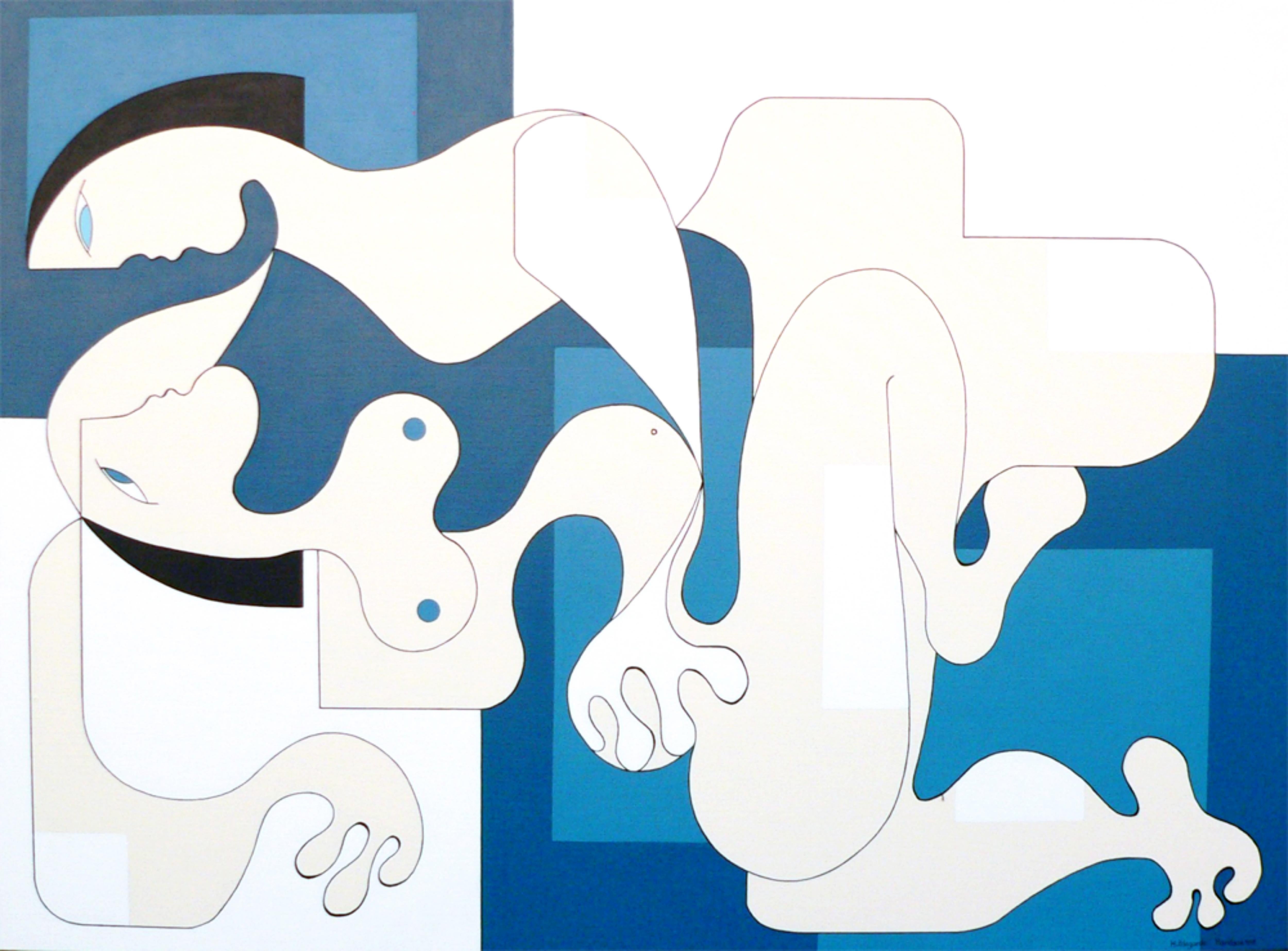 'Passion' by Hildegarde Handsaeme depicts a very common subject that the artist addresses in her contemporary abstract figurative paintings: a loving couple relationship, sharing affection and passion. An elegant artwork performed in a blue color