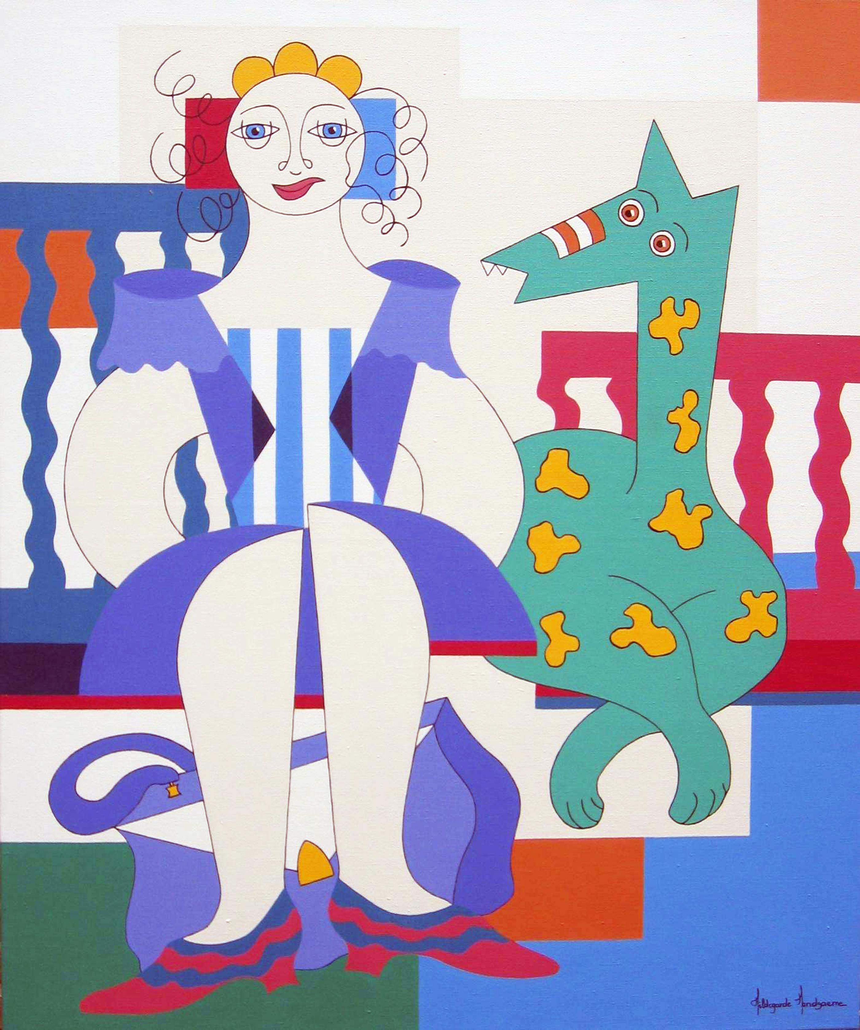 Hildegarde Handsaeme Abstract Painting - Pretty Woman, Modern Abstract Geometric Art Portrait Painting Canvas Purple Blue
