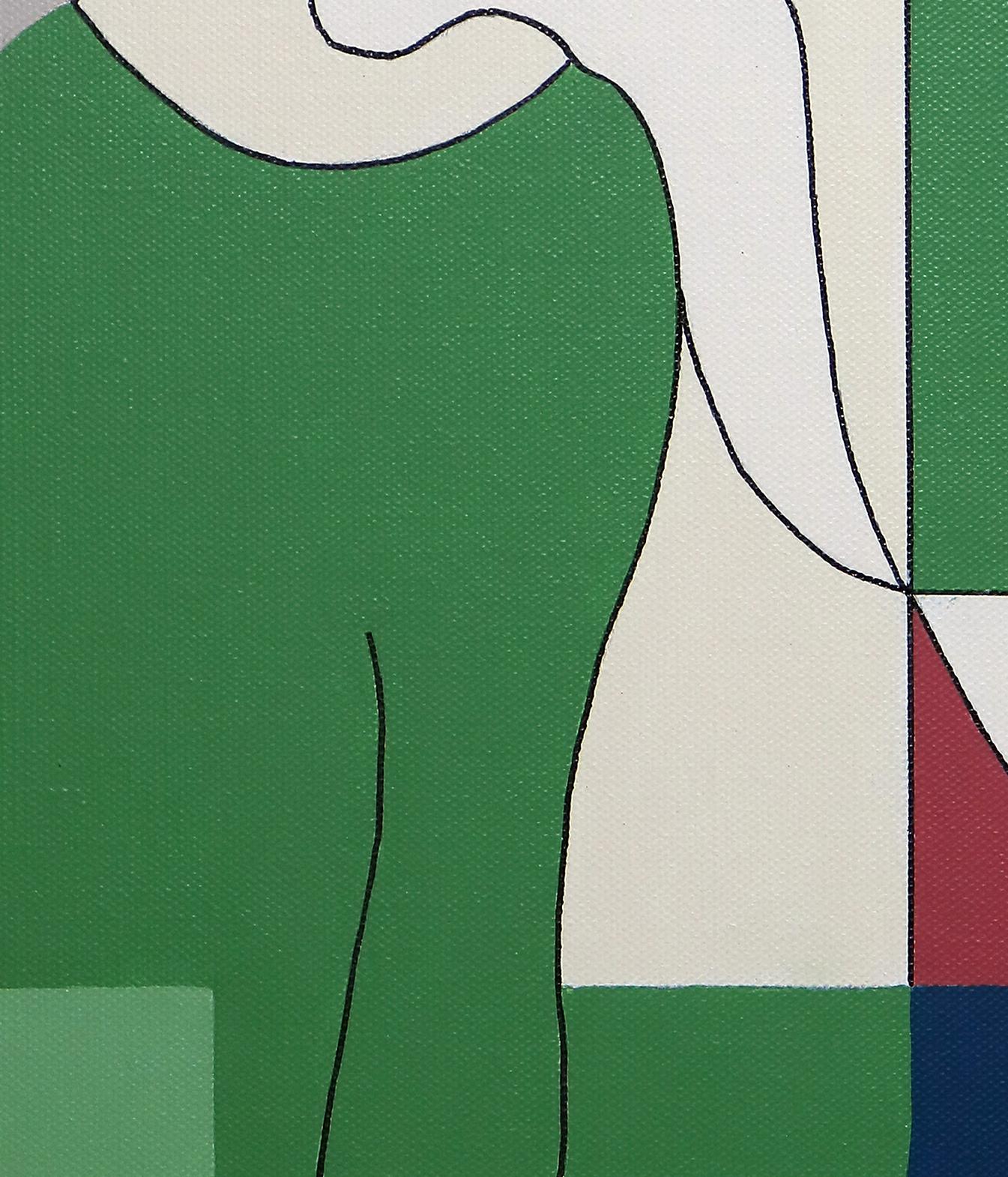 Reciproco, Contemporary Abstract Geometric Painting Canvas Cubism Portrait Green - Gray Abstract Painting by Hildegarde Handsaeme