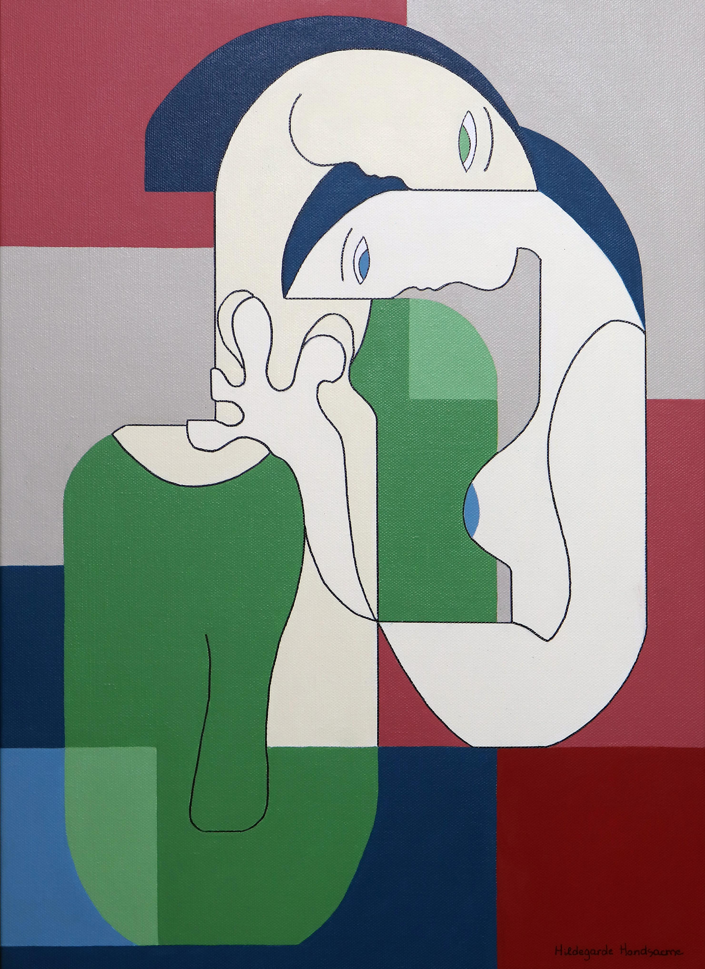 Hildegarde Handsaeme Abstract Painting - Reciproco, Contemporary Abstract Geometric Painting Canvas Cubism Portrait Green