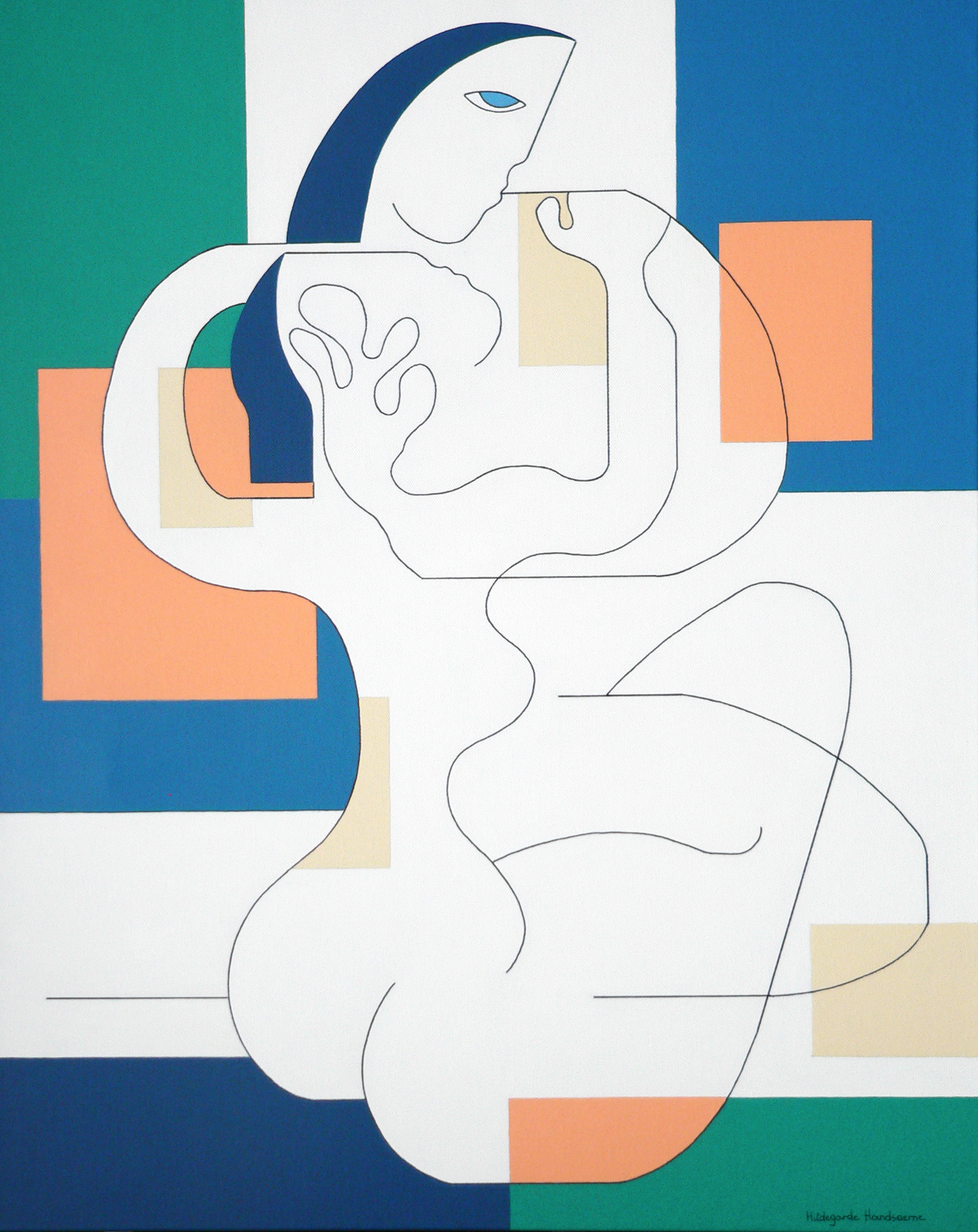Hildegarde Handsaeme Figurative Painting - Sans Frontieres, Modern Abstract Geometric Painting Portrait Blue Green Orange