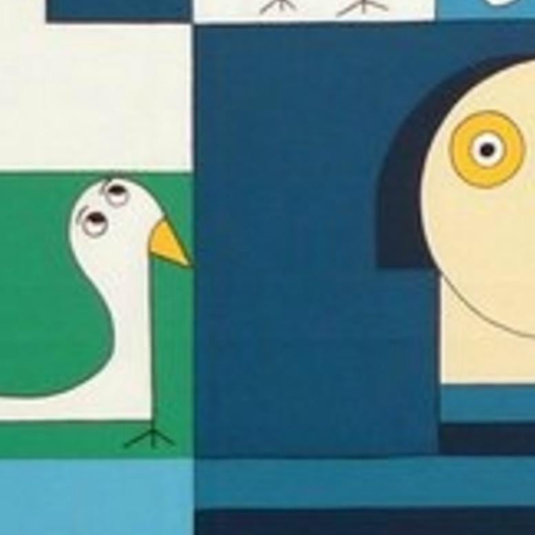 Sound of Birds, Modern Abstract Geometric Painting Canvas Animal Blue Red Green - Gray Animal Painting by Hildegarde Handsaeme