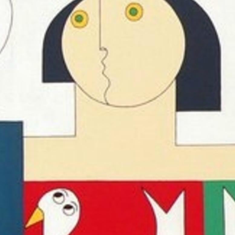 'Sound of birds'  is a wonderful modern abstract painting on canvas by emerging Belgian artist - Hildegarde Handsaeme. It is a large acrylic figurative artwork showing a symmetrical pattern with an ornamental design combining human faces and