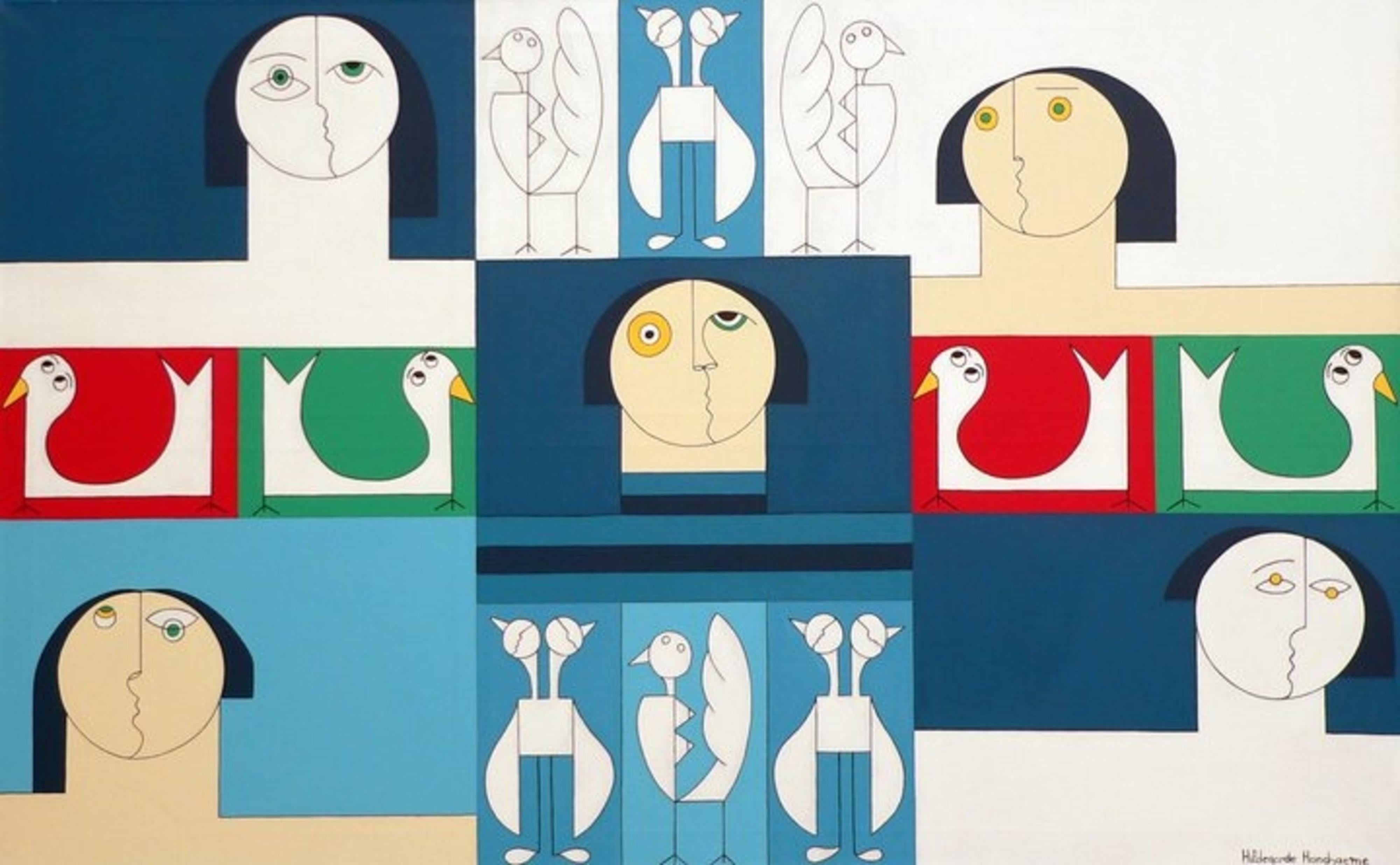 Hildegarde Handsaeme Animal Painting - Sound of Birds, Modern Abstract Geometric Painting Canvas Animal Blue Red Green