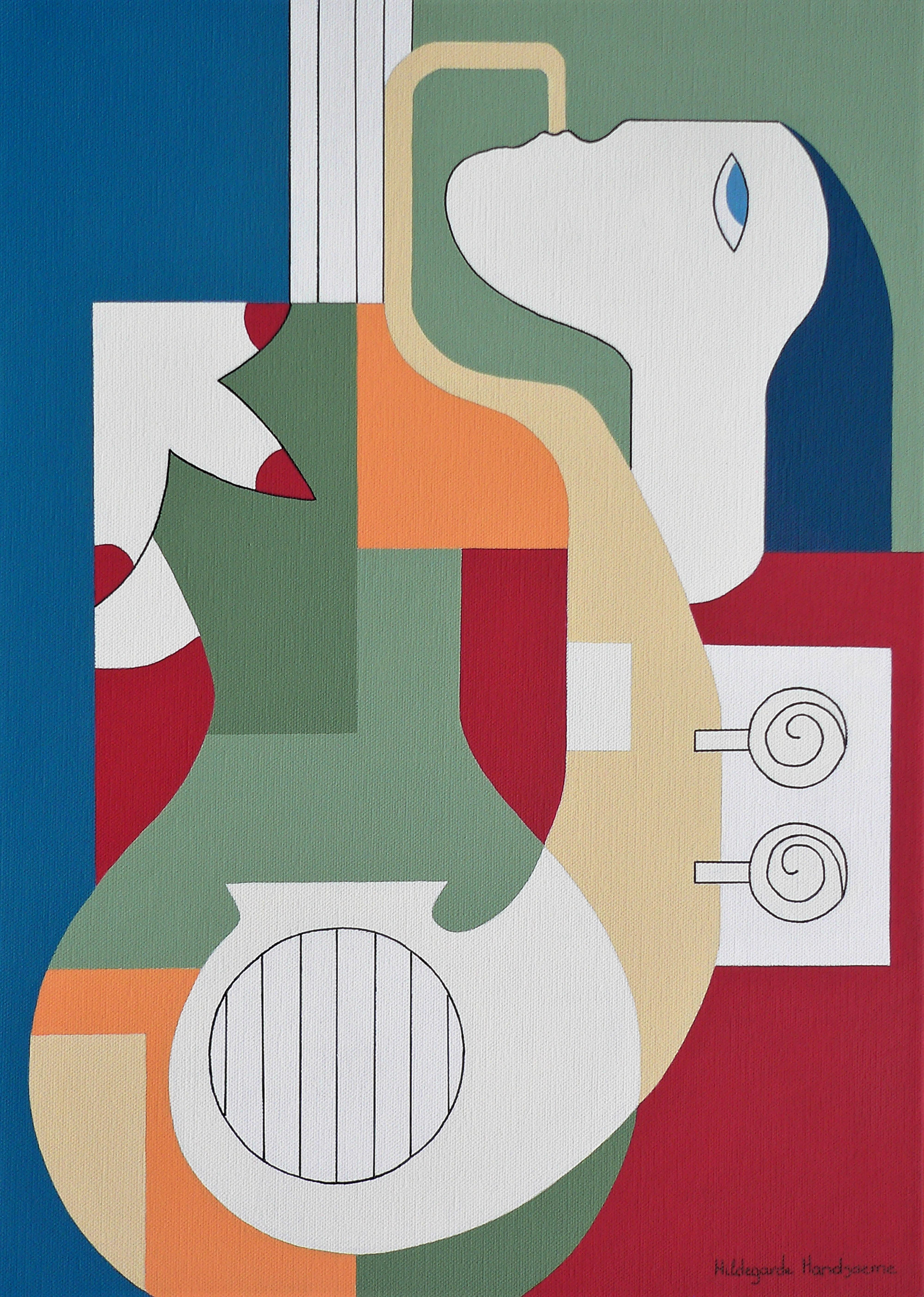 „The Saxo Charm“ von Hildegarde Handsaeme ist ein wunderbar gestaltetes abstraktes Porträtgemälde eines Musikers:: der Saxophon spielt. Die Musiksprache ist universell und bietet:: zusammen mit ihren tiefen Farben und dem figurativen Design:: jedem