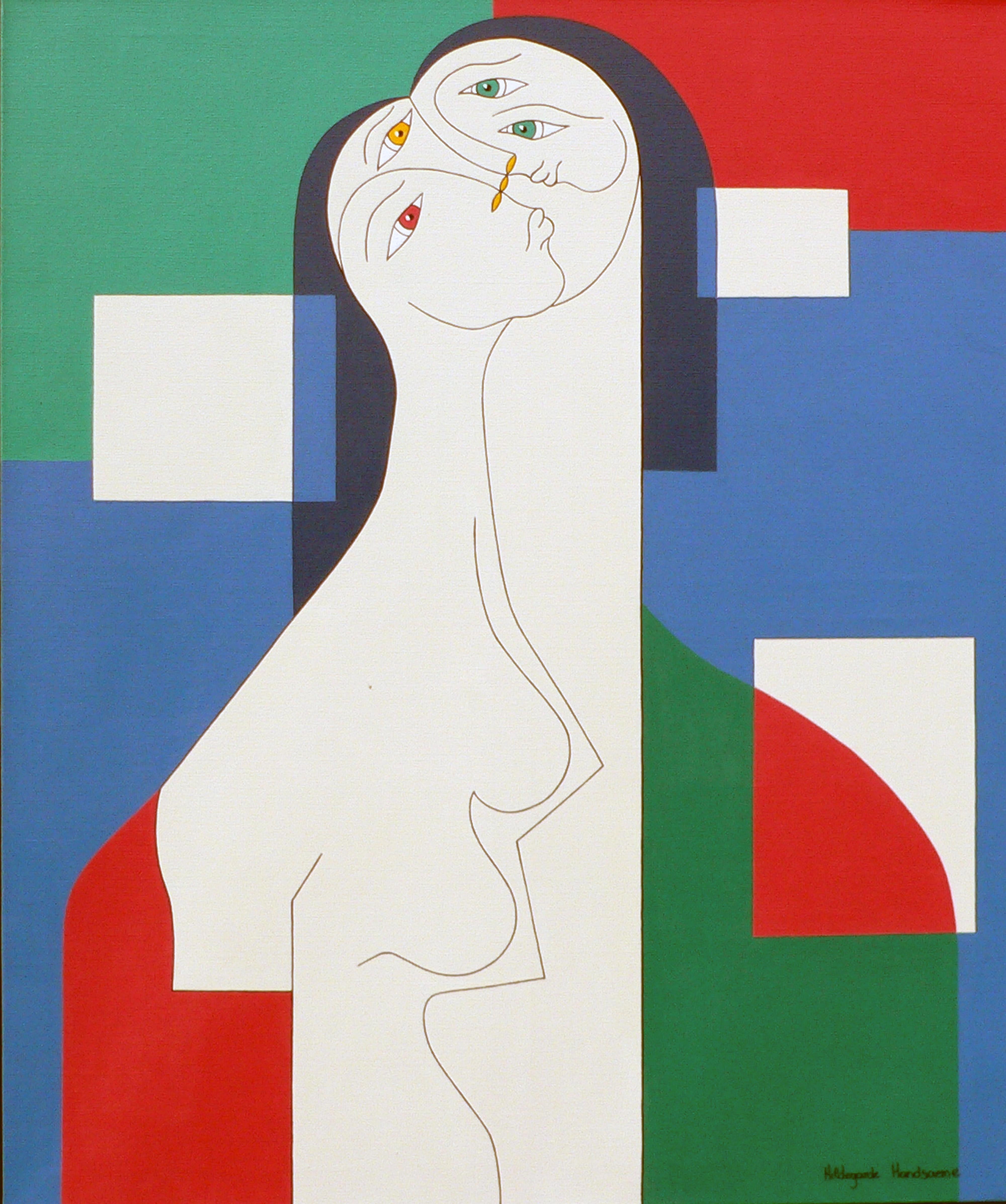 'Trio' by Hildegarde Handsaeme, acrylic on canvas, abstraction

The artist paints mainly women and follows a harmonic and constructively perfect pattern. The figure in itself is dominating but the artist knows how to put it the right surroundings