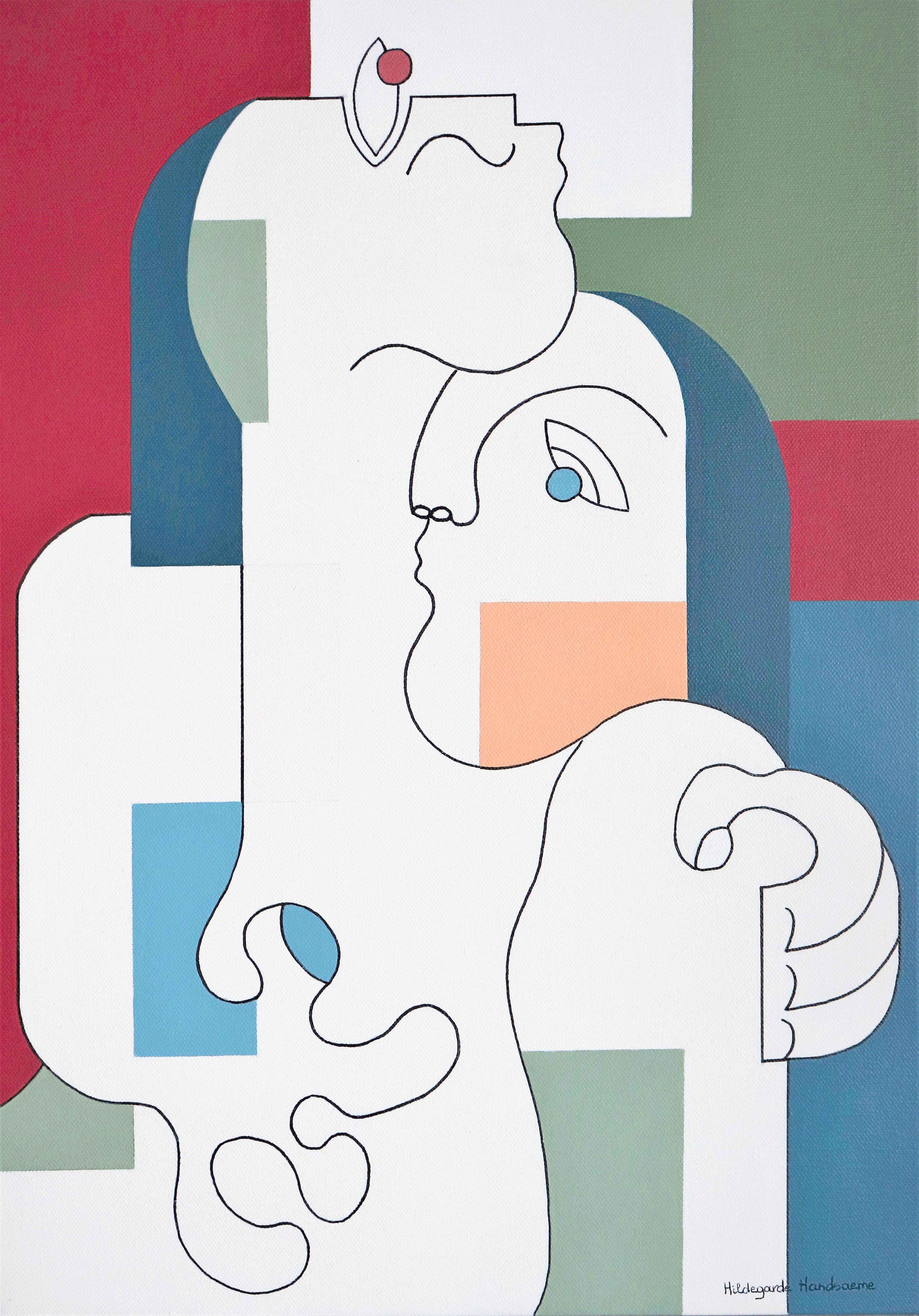 Hildegarde Handsaeme Abstract Painting - Tutum, Modern Abstract Geometric Painting Canvas Cubism Portrait Green Red Blue