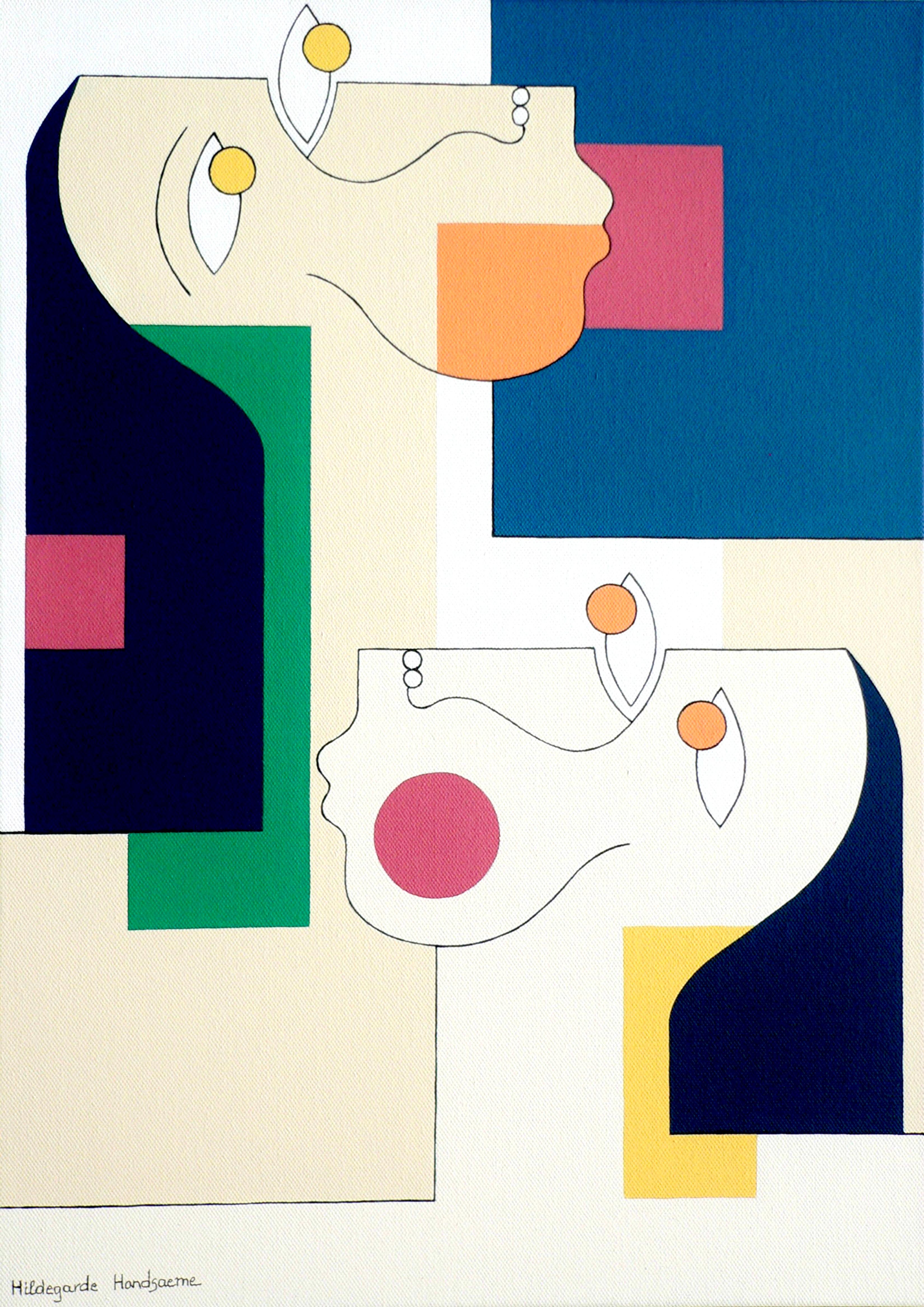 'Twins' by Hildegarde Handsaeme is a great abstract painting of an androgynous couple: it's hard to identify the sex of the figures but this is insignificant in the artwork. Both faces are gazing one direction and seem to reflect each other