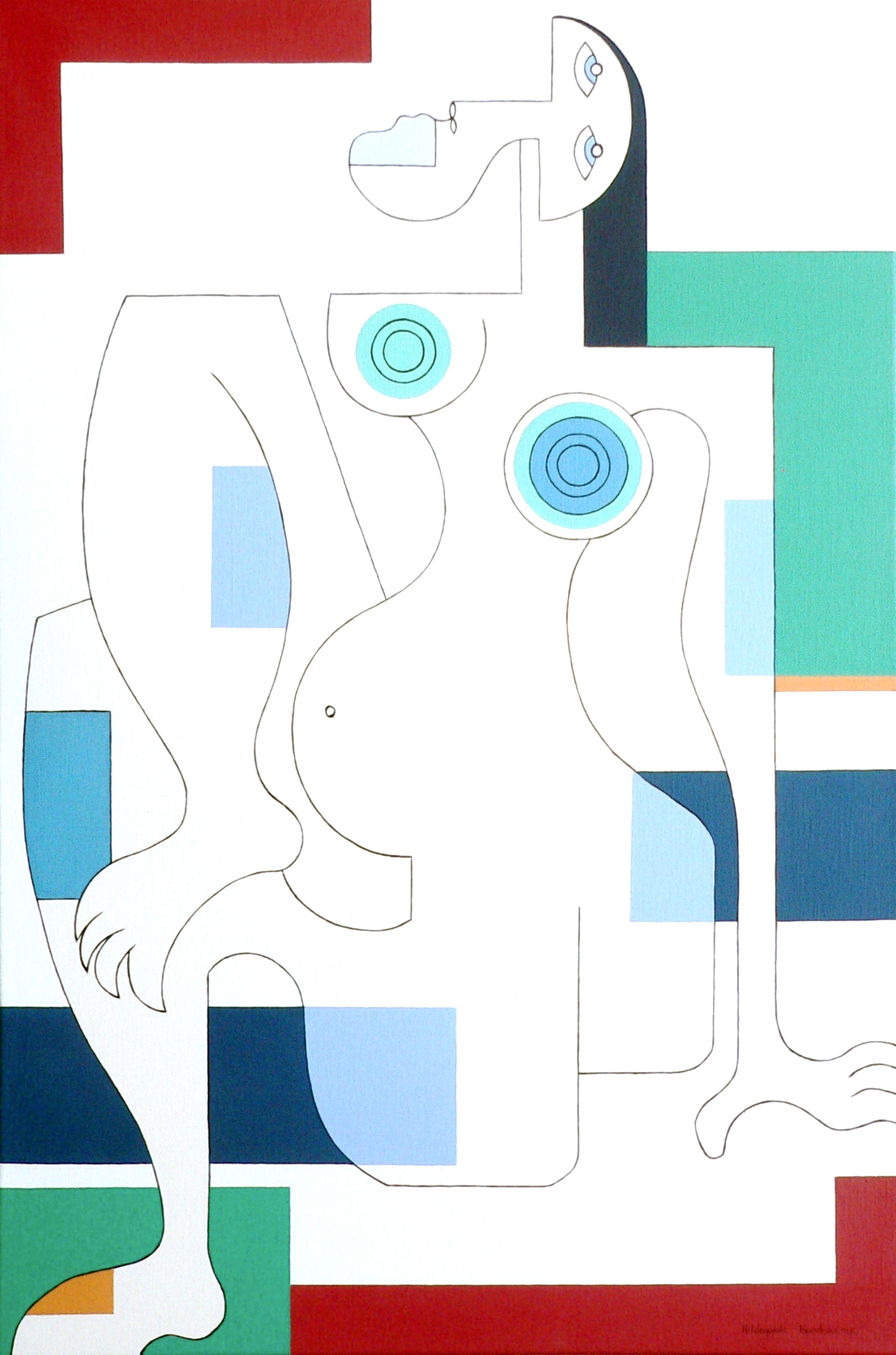 Hildegarde Handsaeme Abstract Painting - Women in Spring, Modern Abstract Geometric Painting Portrait Green Red Pattern