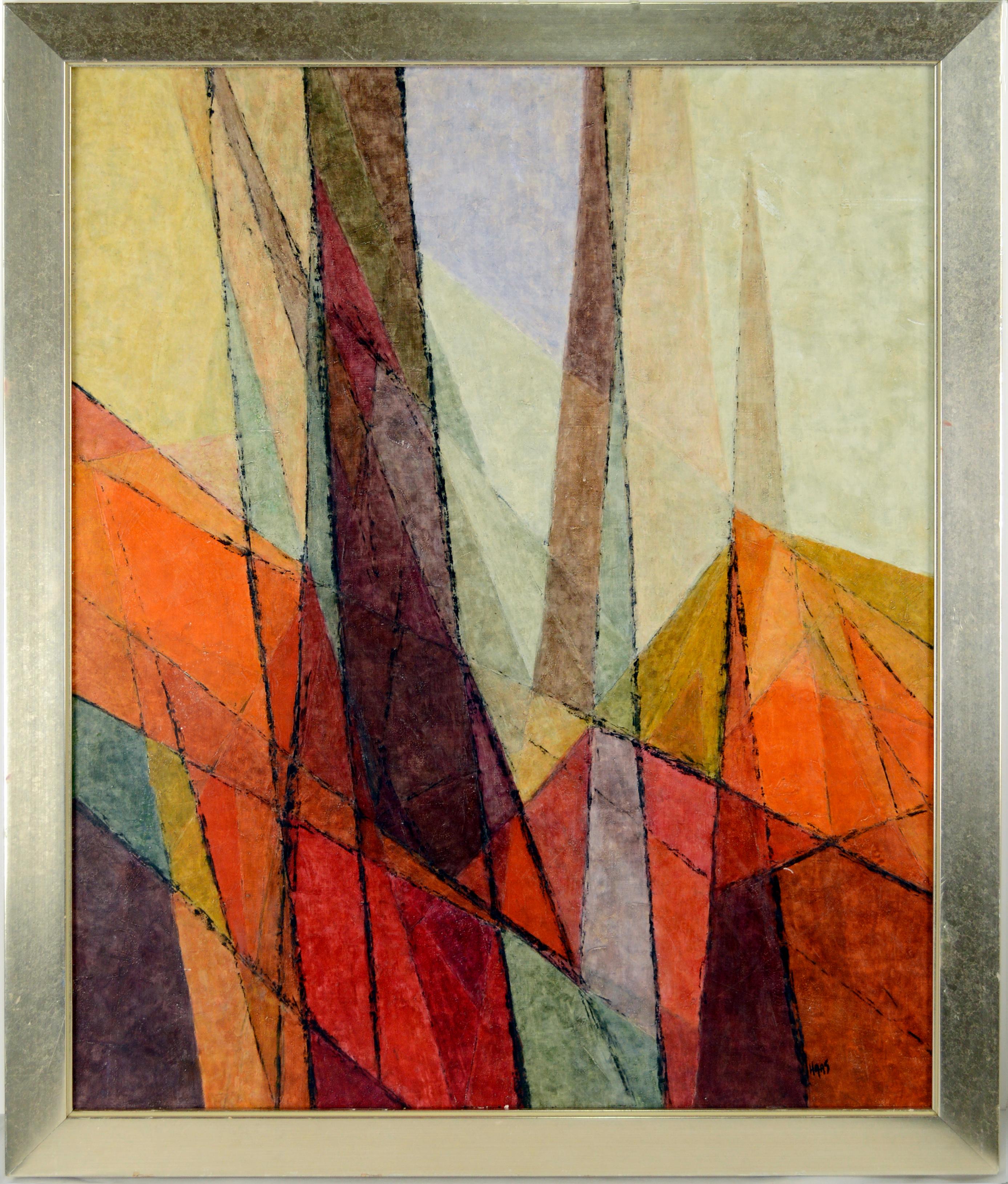 Hildegarde Hass Abstract Painting - "Red Mesa Canyon" Abstract Geometric Landscape Bay Area 1965 Artist Casein Paint