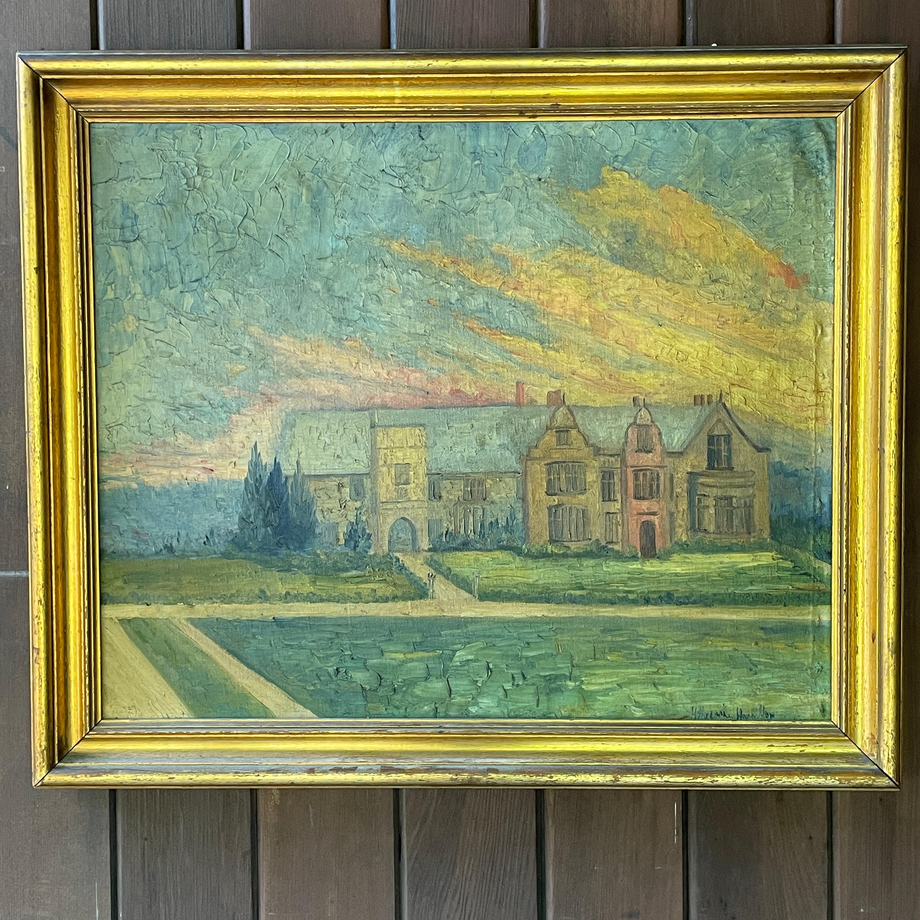 Mid-Century moderno Hildegarde Hume Hamilton Oil Painting of Mansion, Sunset Architecture in vendita