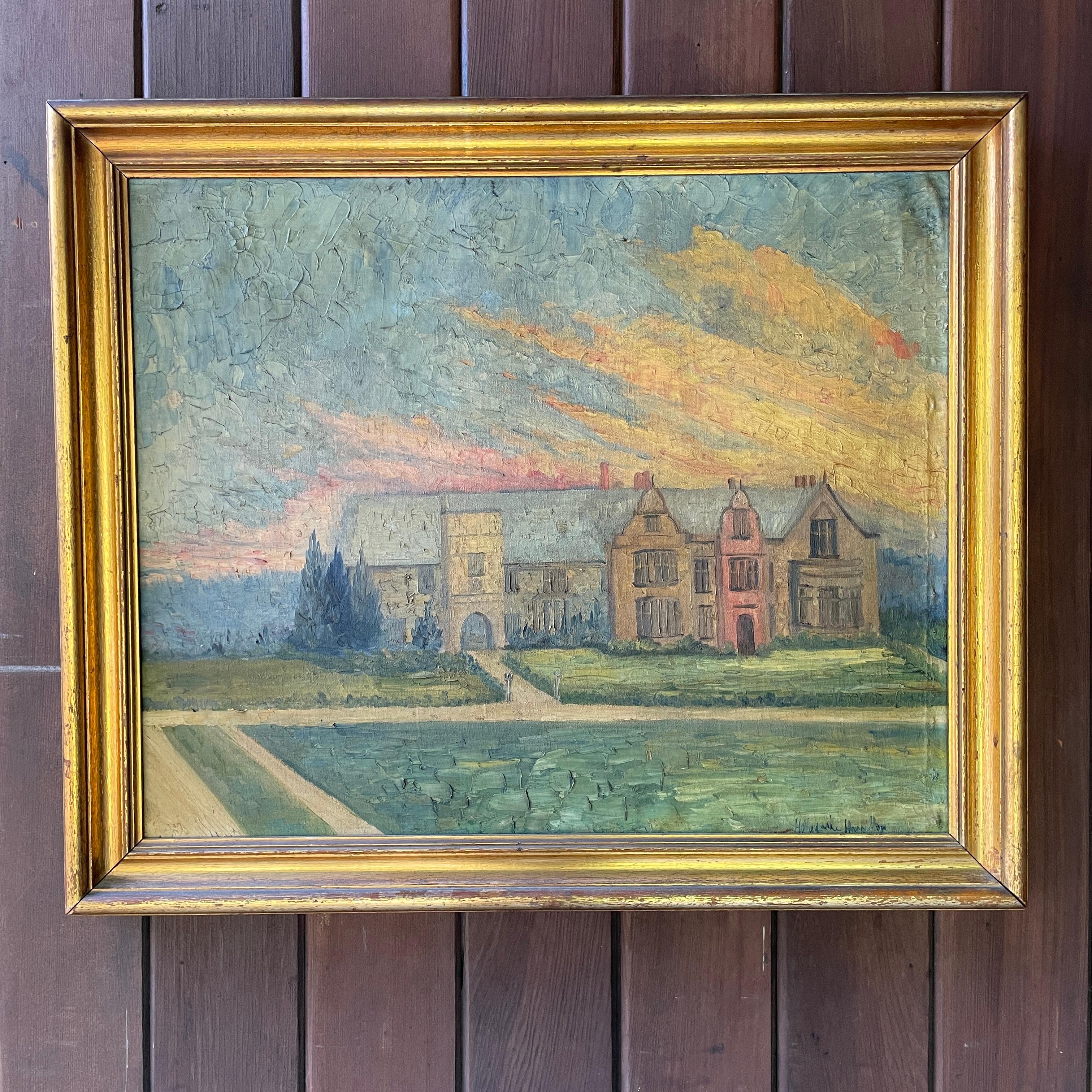 Americano Hildegarde Hume Hamilton Oil Painting of Mansion, Sunset Architecture in vendita