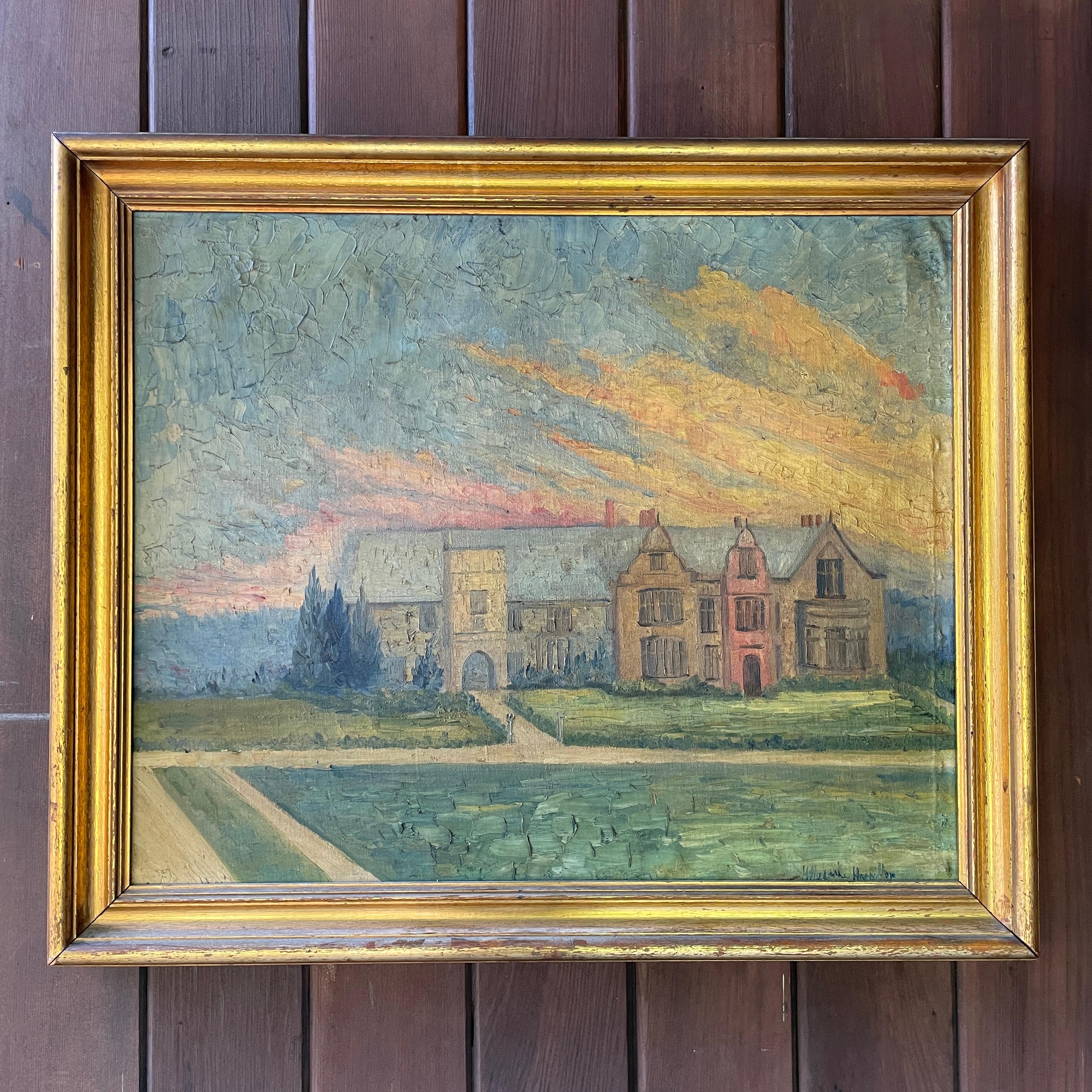 Fatto a mano Hildegarde Hume Hamilton Oil Painting of Mansion, Sunset Architecture in vendita
