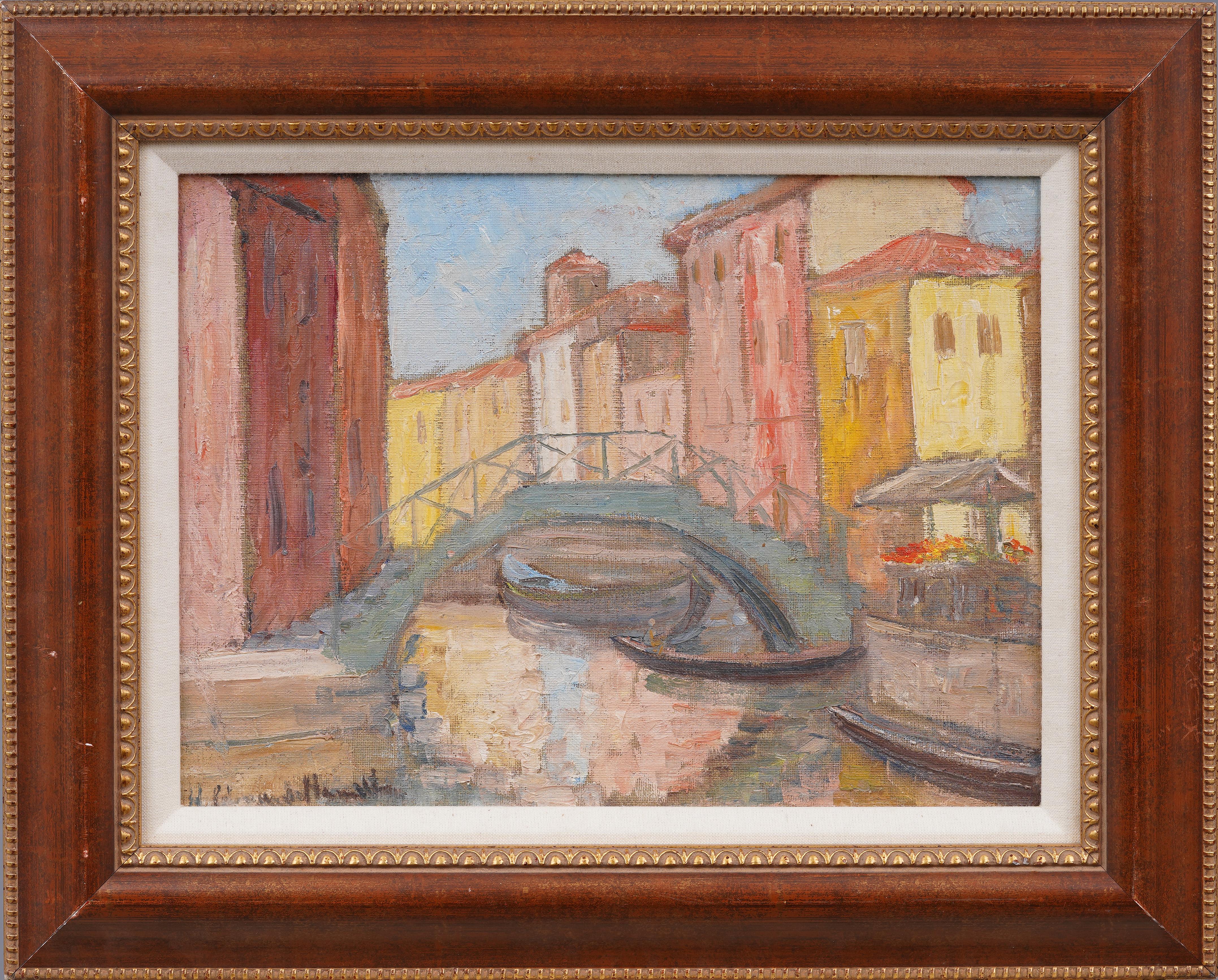 Hildegarde Hume Hamilton Landscape Painting - Burano Italy Antique Italian Impressionist Venice Canal Framed Oil Painting