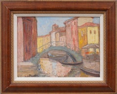 Burano Italien Antikes italienisches impressionistisches, gerahmtes Ölgemälde im Canal-Stil aus Venedig, Burano