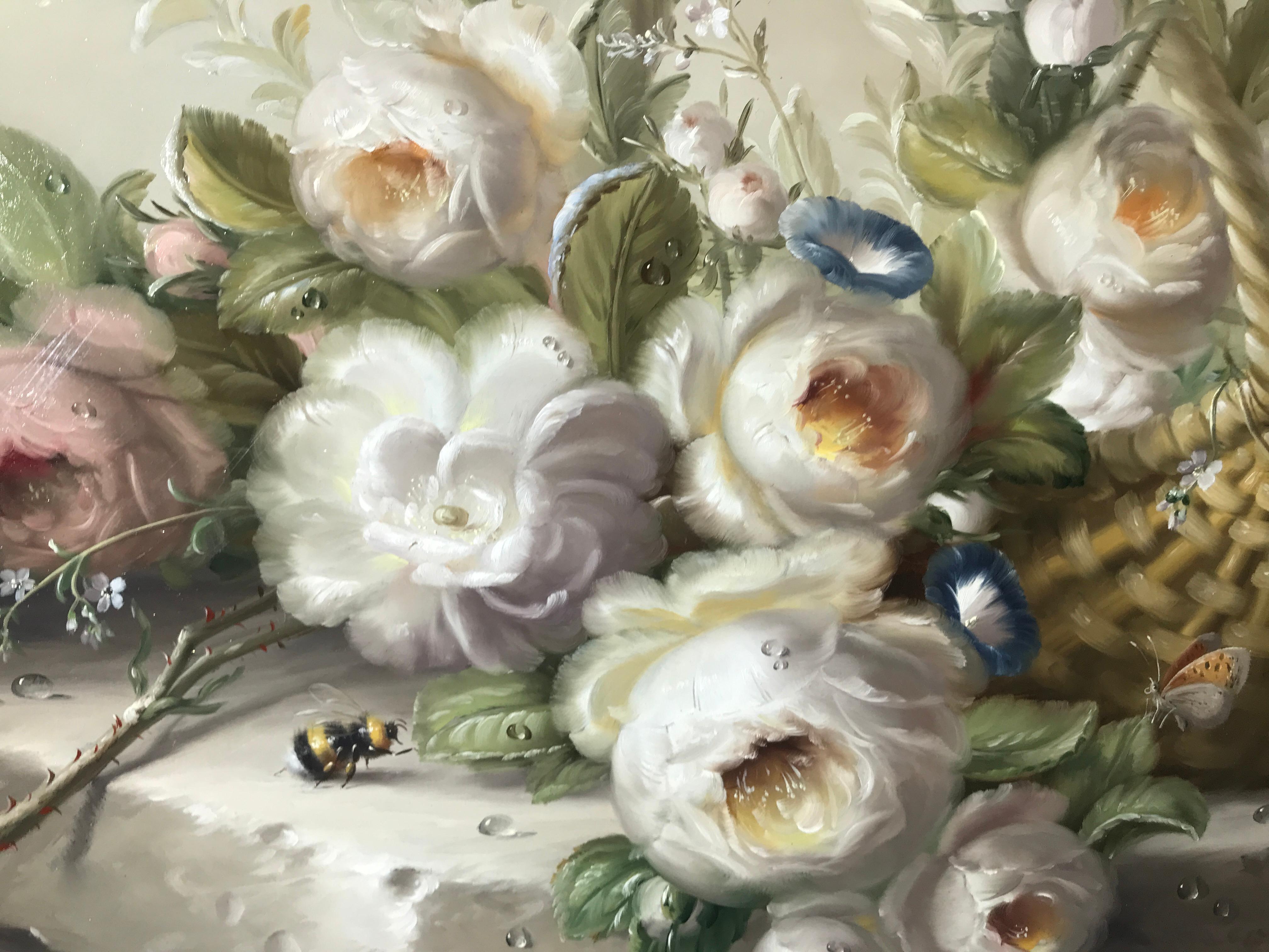 Still life of roses with insects, original oil on board, late 20thC, German - Painting by Hildergard Schwammberger