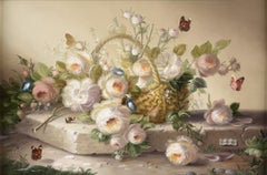 Still life of roses with insects, original oil on board, late 20thC, German