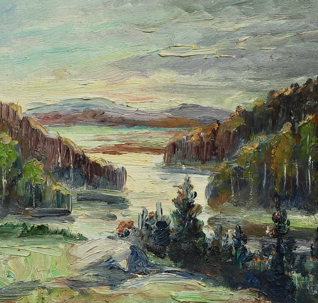 A mountainous landscape painted by Hilding Elof Nyman (1870 - 1937). Oil on panel. The motif is probably from Dalarna in Swedens  north part were he spent periods of his life. Nyman was a Swedish painter, draftsman and graphic artist.
Hilding Nyman