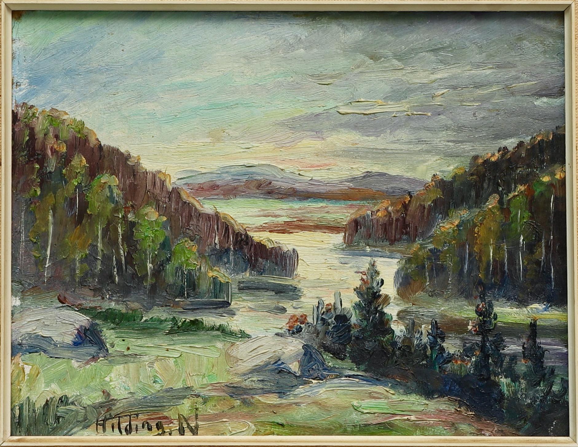 A mountainous landscape painted by Hilding Elof Nyman (1870 - 1937). Oil on panel. The motif is probably from Dalarna in Swedens  north part were he spent periods of his life. Nyman was a Swedish painter, draftsman and graphic artist.
Hilding Nyman