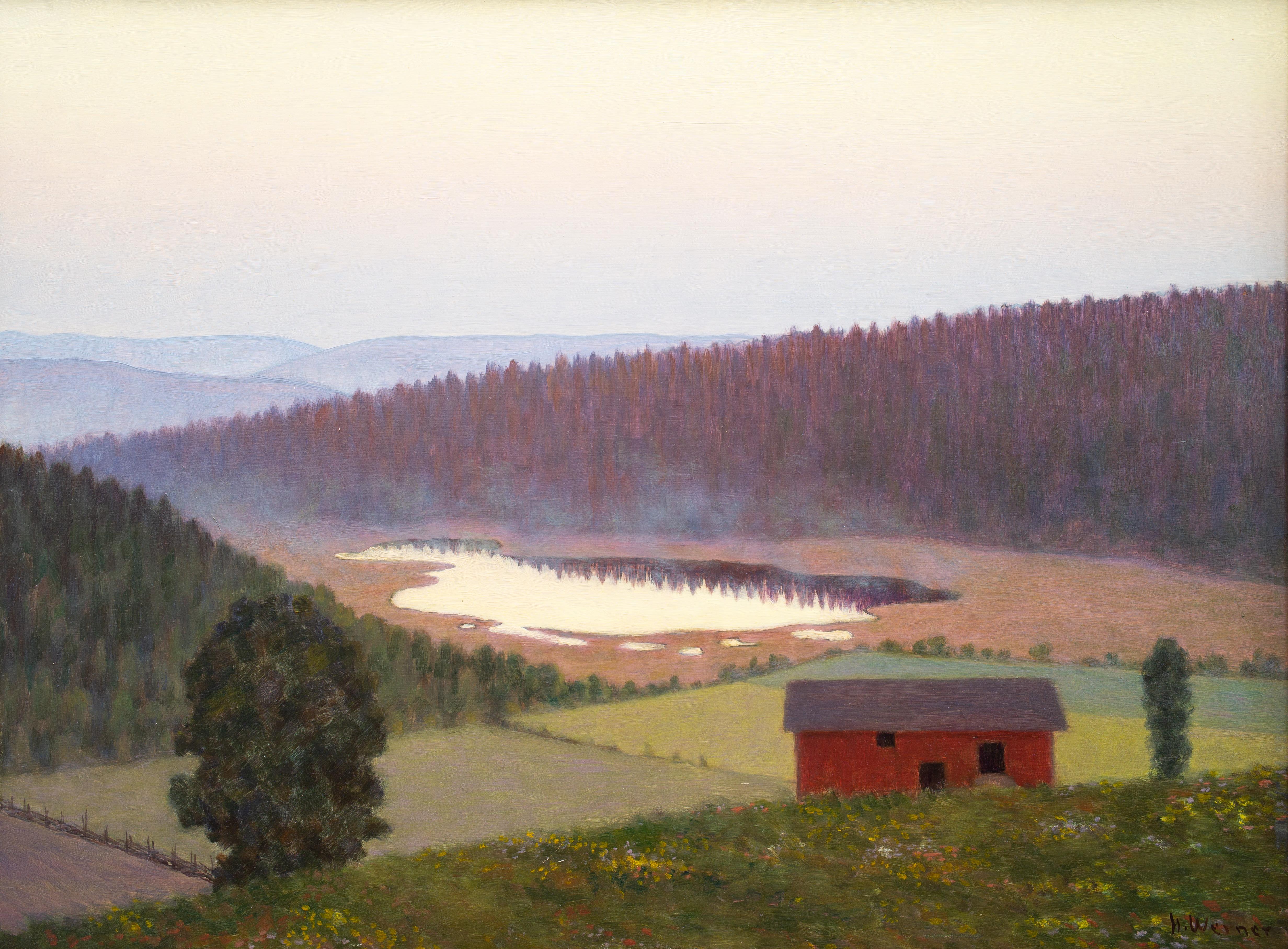 Paysage suédois Vrmland avec une grange rouge par Hilding Werner, peinture à l'huile 1