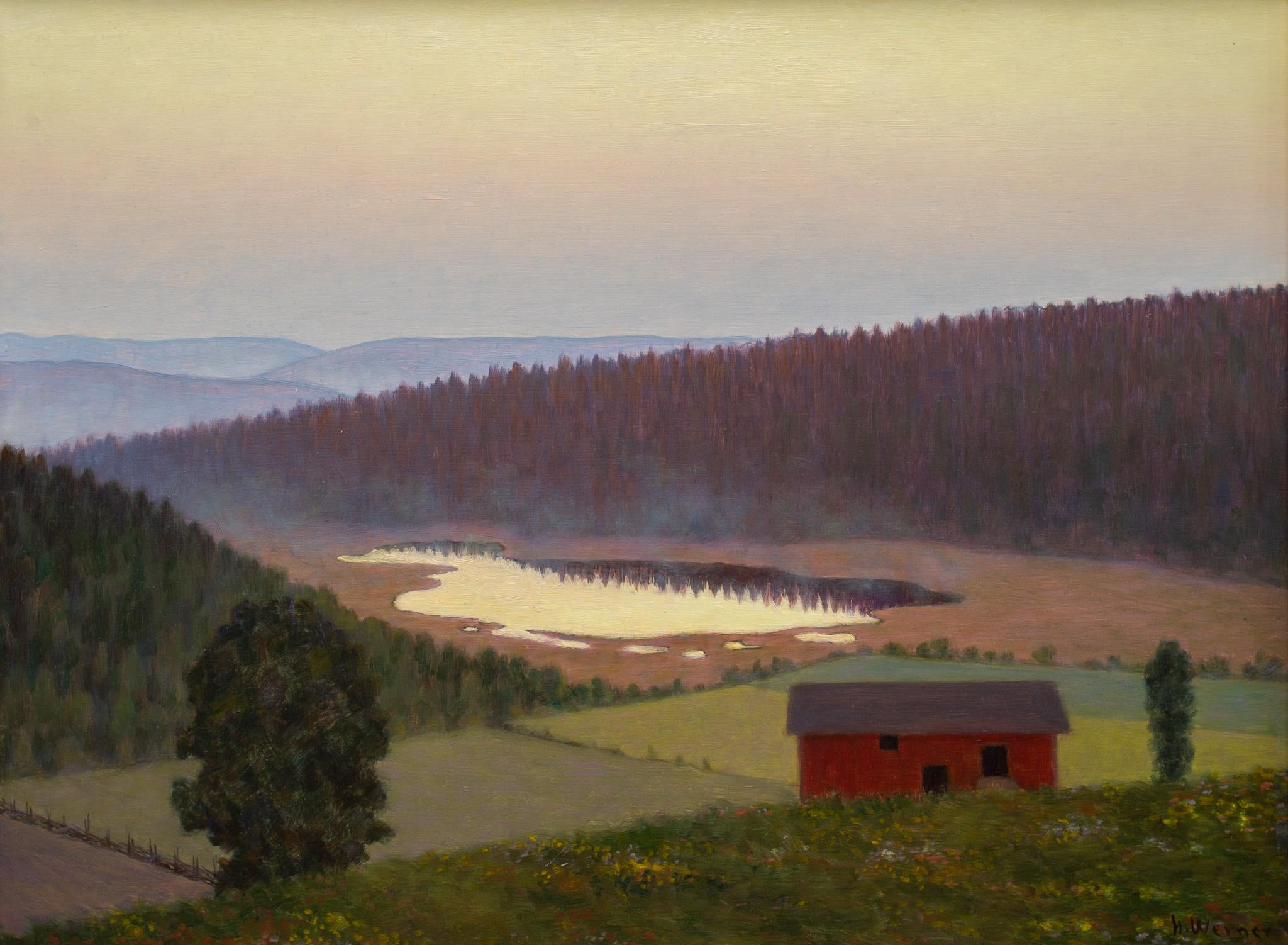 Schwedische Värmland-Landschaft mit roter Scheune von Hilding Werner, Ölgemälde im Angebot 1