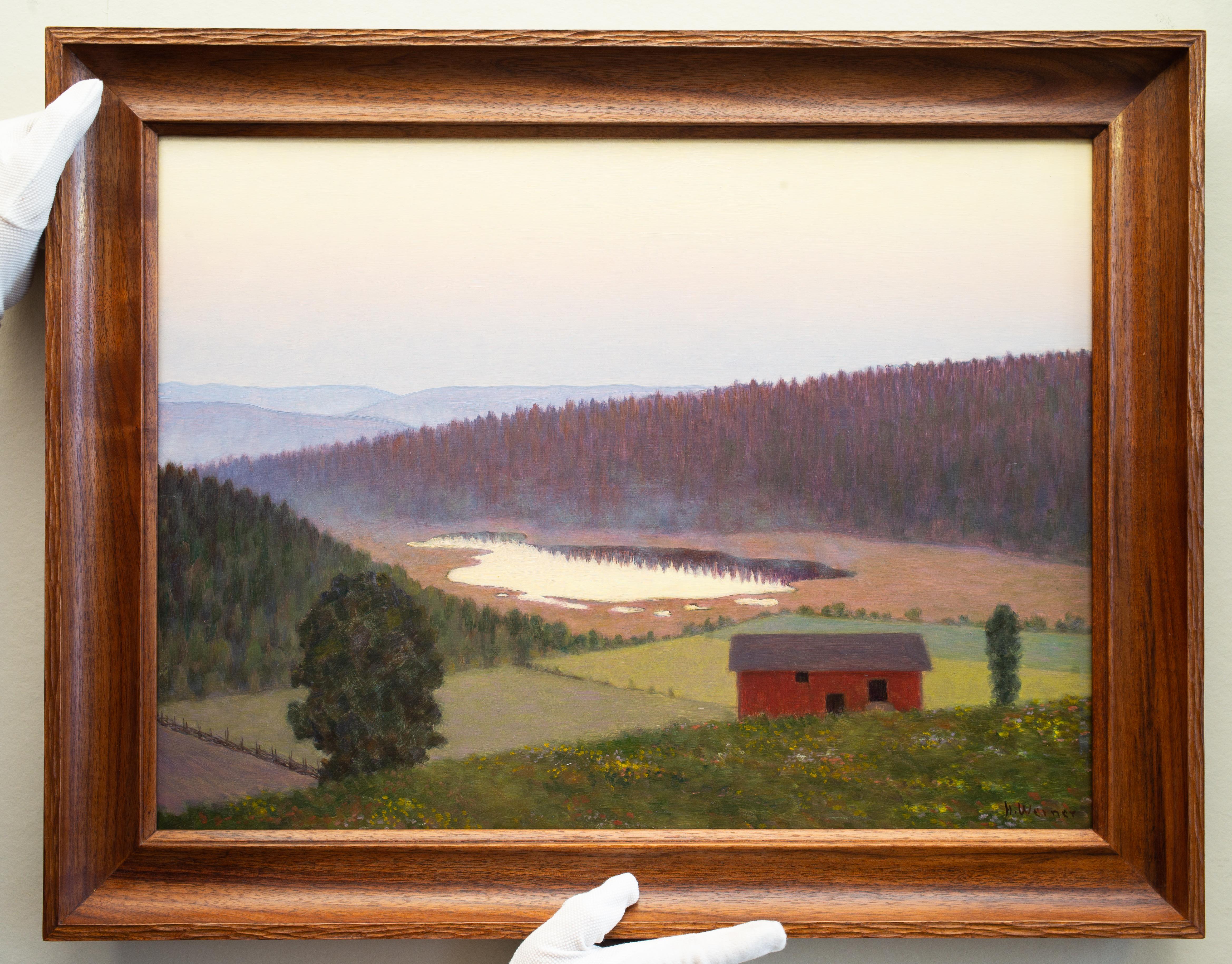Paysage suédois Vrmland avec une grange rouge par Hilding Werner, peinture à l'huile 2