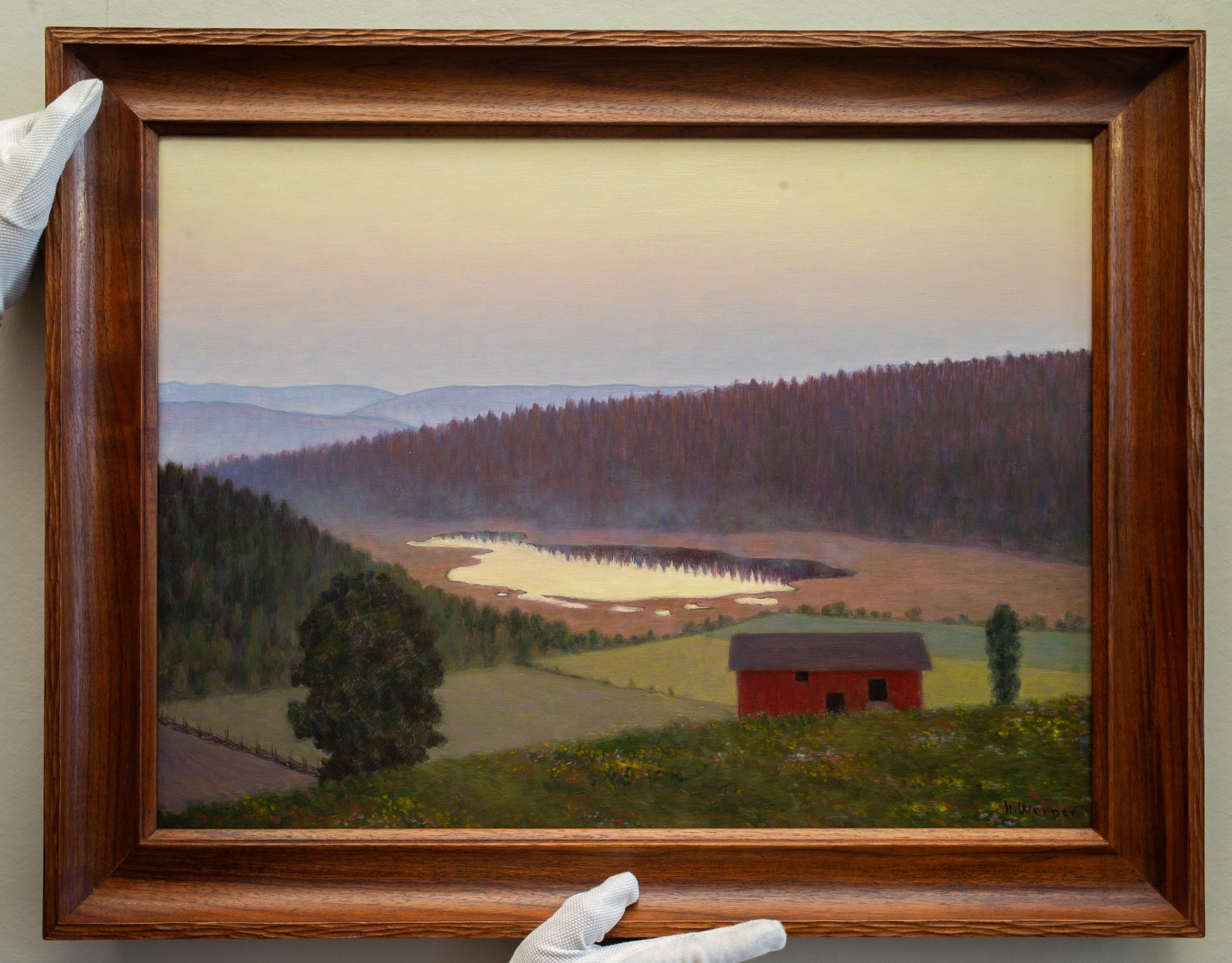 Swedish Värmland Landscape With a Red Barn by Hilding Werner, Oil Painting For Sale 1