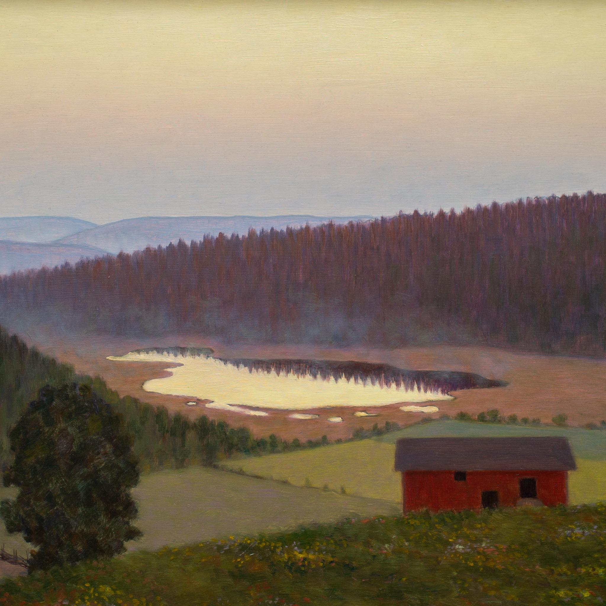 Swedish Värmland Landscape With a Red Barn by Hilding Werner, Oil Painting For Sale 2