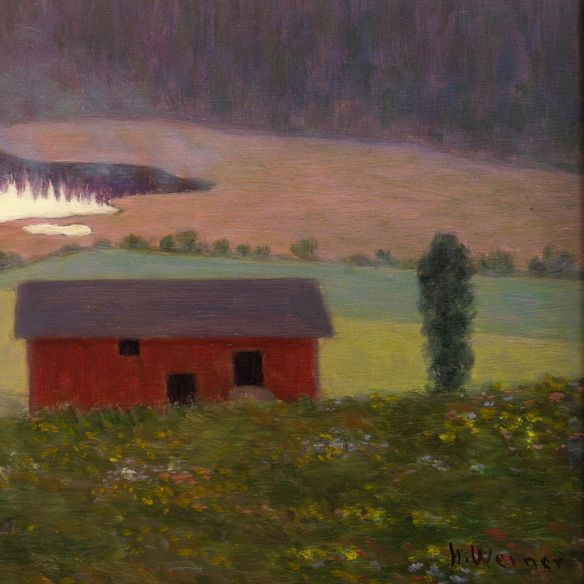 Paysage suédois Vrmland avec une grange rouge par Hilding Werner, peinture à l'huile 4