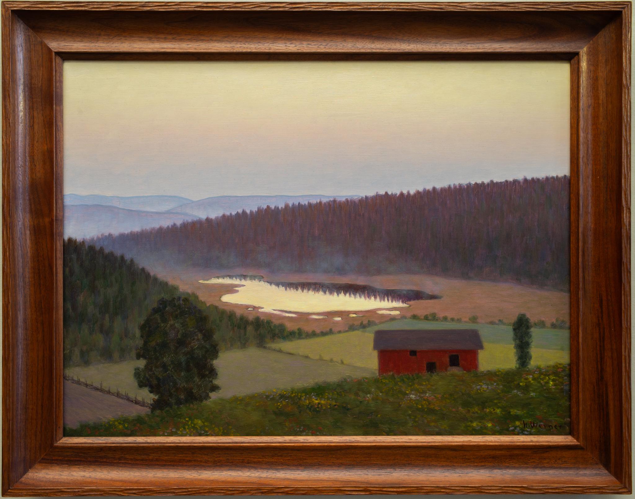 Paysage suédois du Värmland avec une grange rouge par Hilding Werner, peinture à l'huile