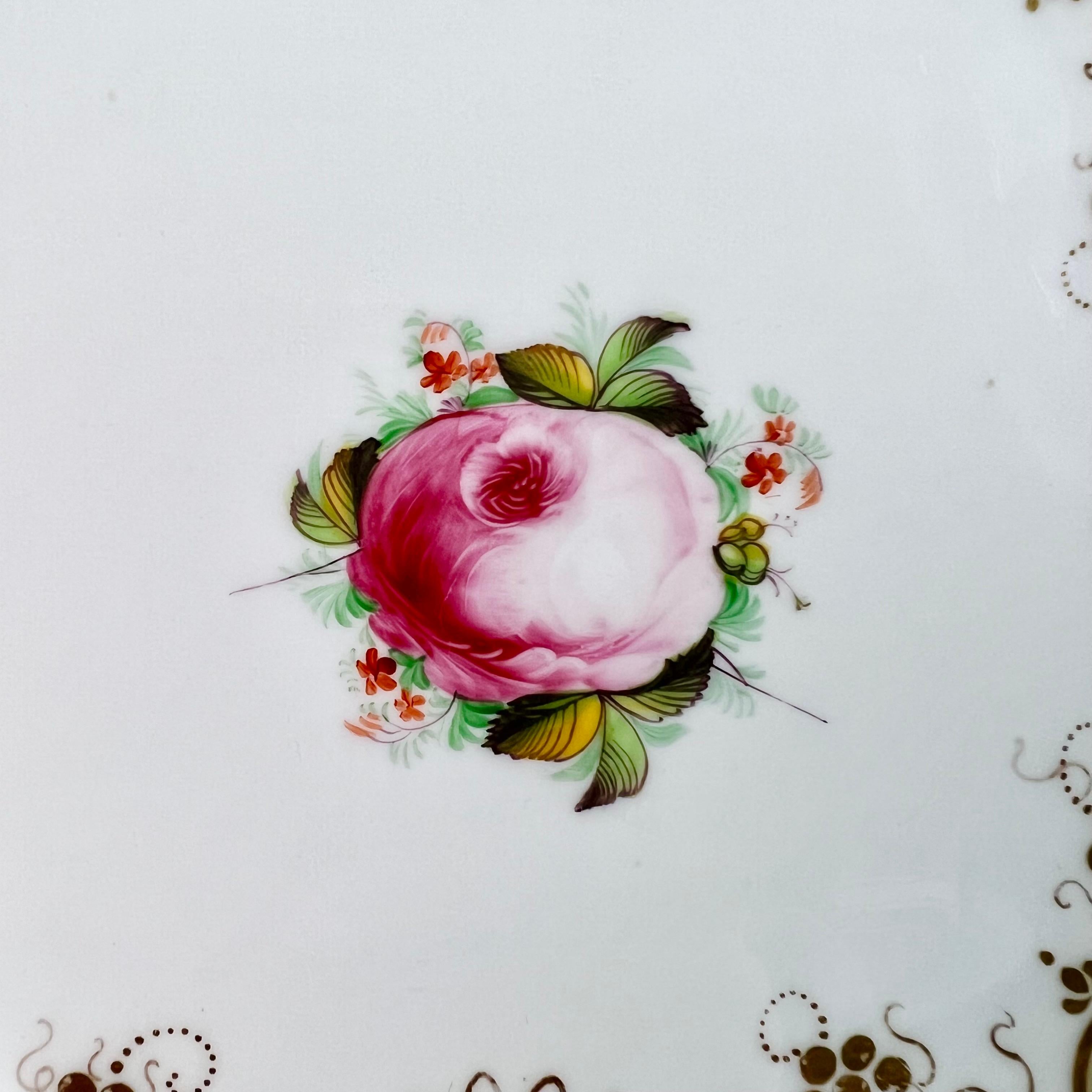 Rococo Revival Hilditch Porcelain Cake Plate, Beige, Gilt and Pink Cabbage Rose, ca 1830 For Sale