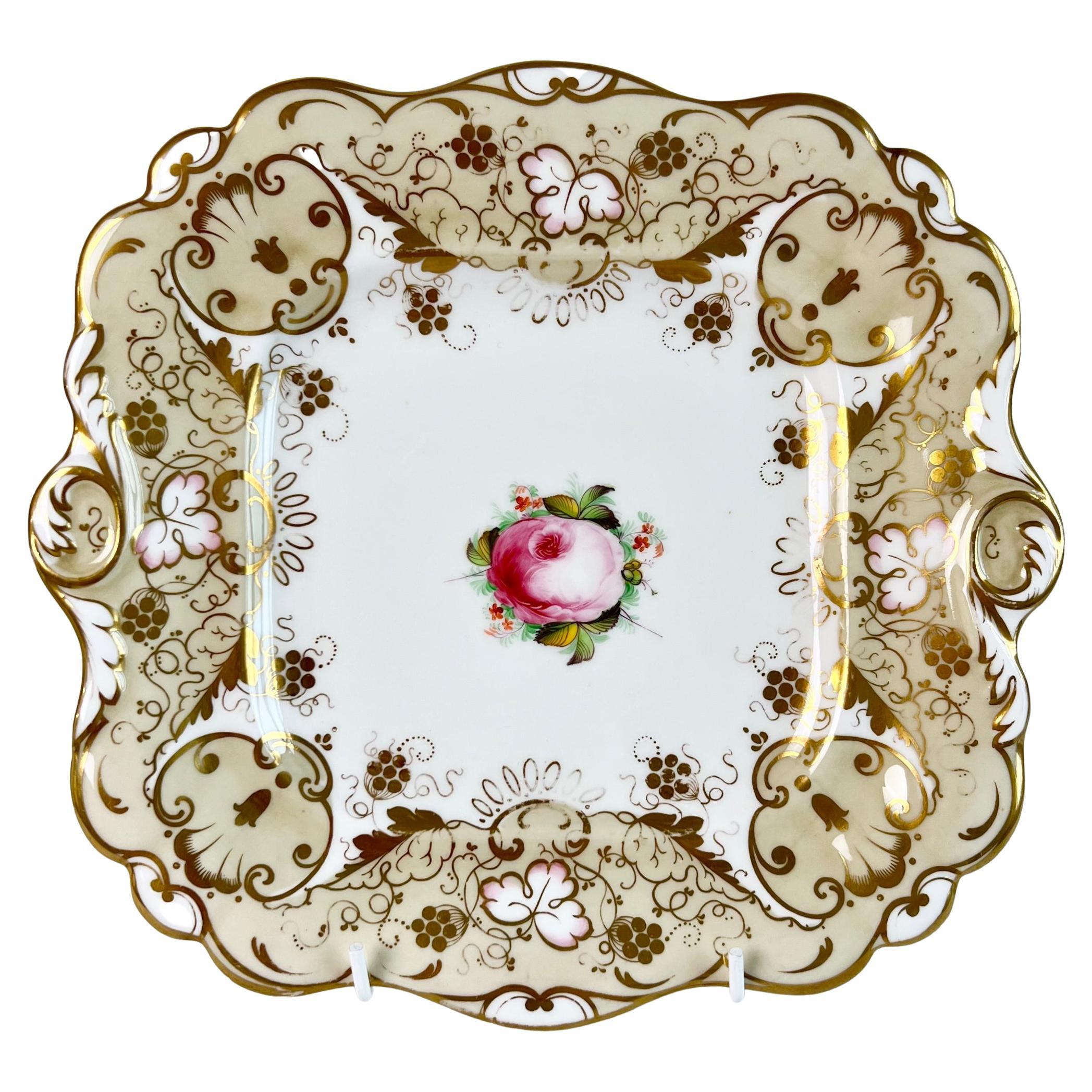 Hilditch Porcelain Cake Plate, Beige, Gilt and Pink Cabbage Rose, ca 1830 For Sale