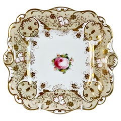 Antique Hilditch Porcelain Cake Plate, Beige, Gilt and Pink Cabbage Rose, ca 1830