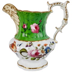 Antique Hilditch Porcelain Pitcher, Apple Green with Hand Painted Flowers, circa 1830