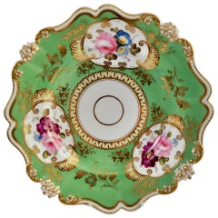 Antique Hilditch Porcelain Plate, Green and Gilt, Daisy Moulding and Flowers, 1830-1835