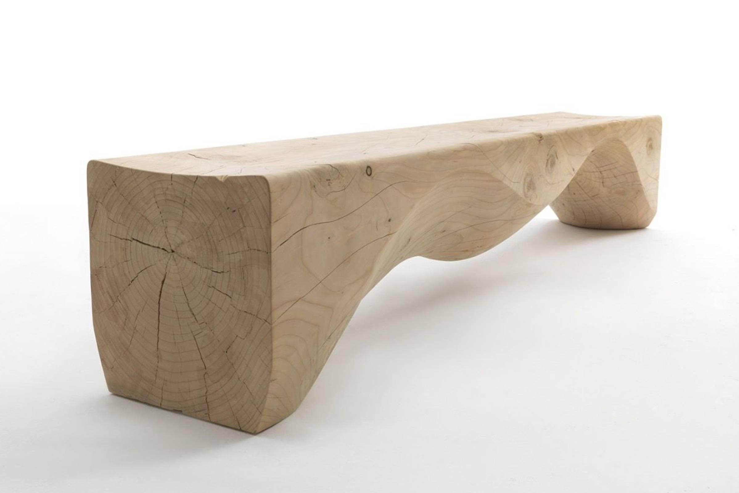 Bench Hill in solid natural aromatic cedar wood.
Made in on block of cedar wood. Sinuous and 
wavy movement. Elegant and original piece.
Solid cedar wood include movement, 
cracks and changes in wood conditions, 
this is the essential characteristic