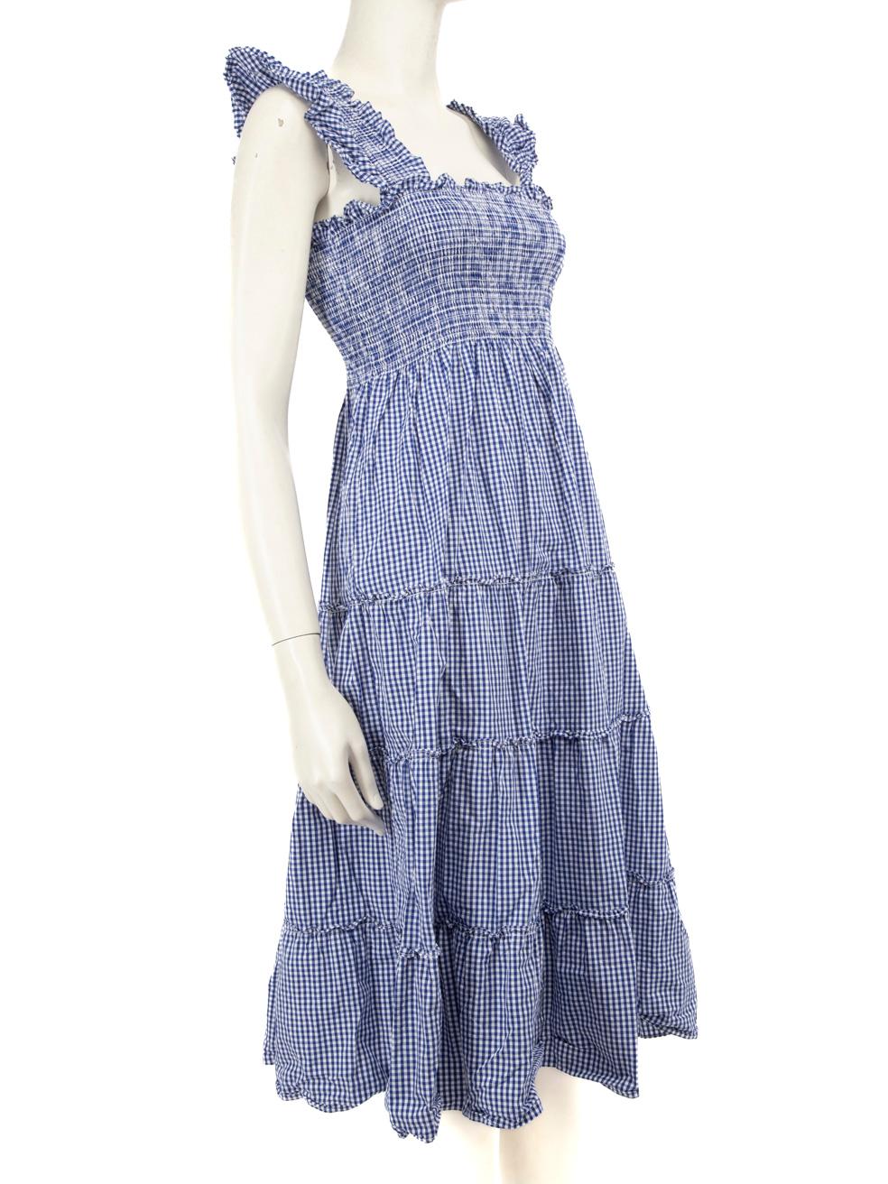 CONDITION is Very good. Hardly any visible wear to the dress is evident on this used Hill House designer resale item.



Details


Blue

Cotton

Dress

Gingham pattern

Midi

Sleeveless

Ruched top panel

Ruffle trim

Square neckline

Tiered